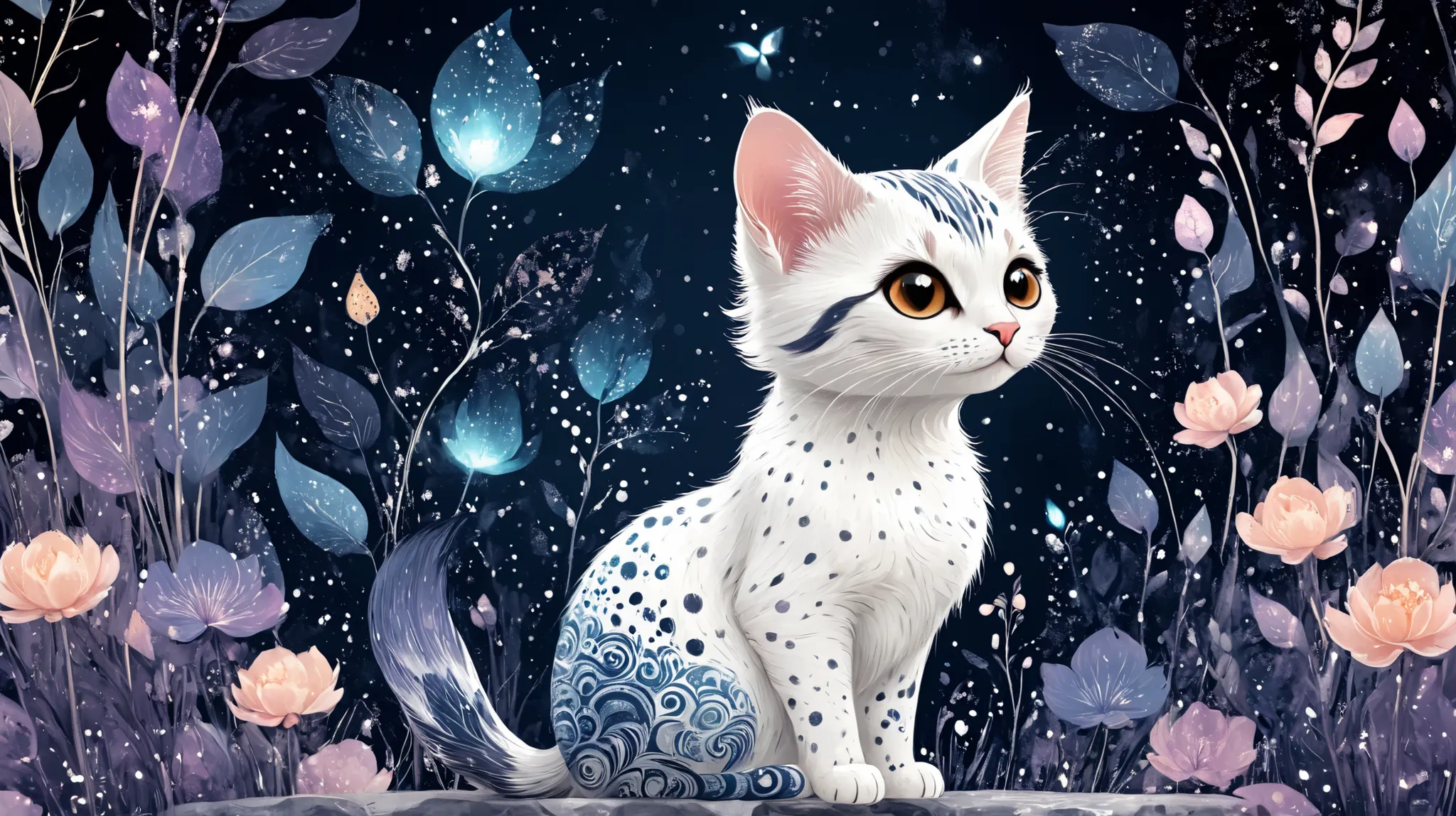 Cute magic fantasy animal (gato) illustration in Novuschroma style with patterns