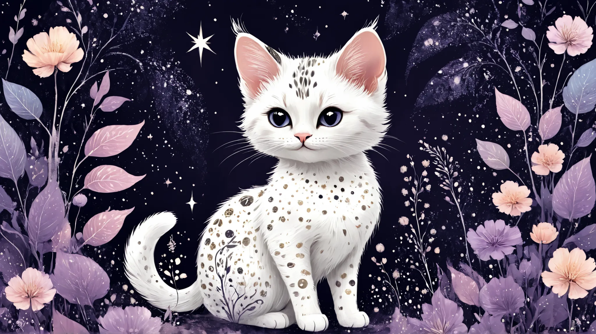 Cute magic fantasy animal (gato) illustration in Novuschroma style with patterns