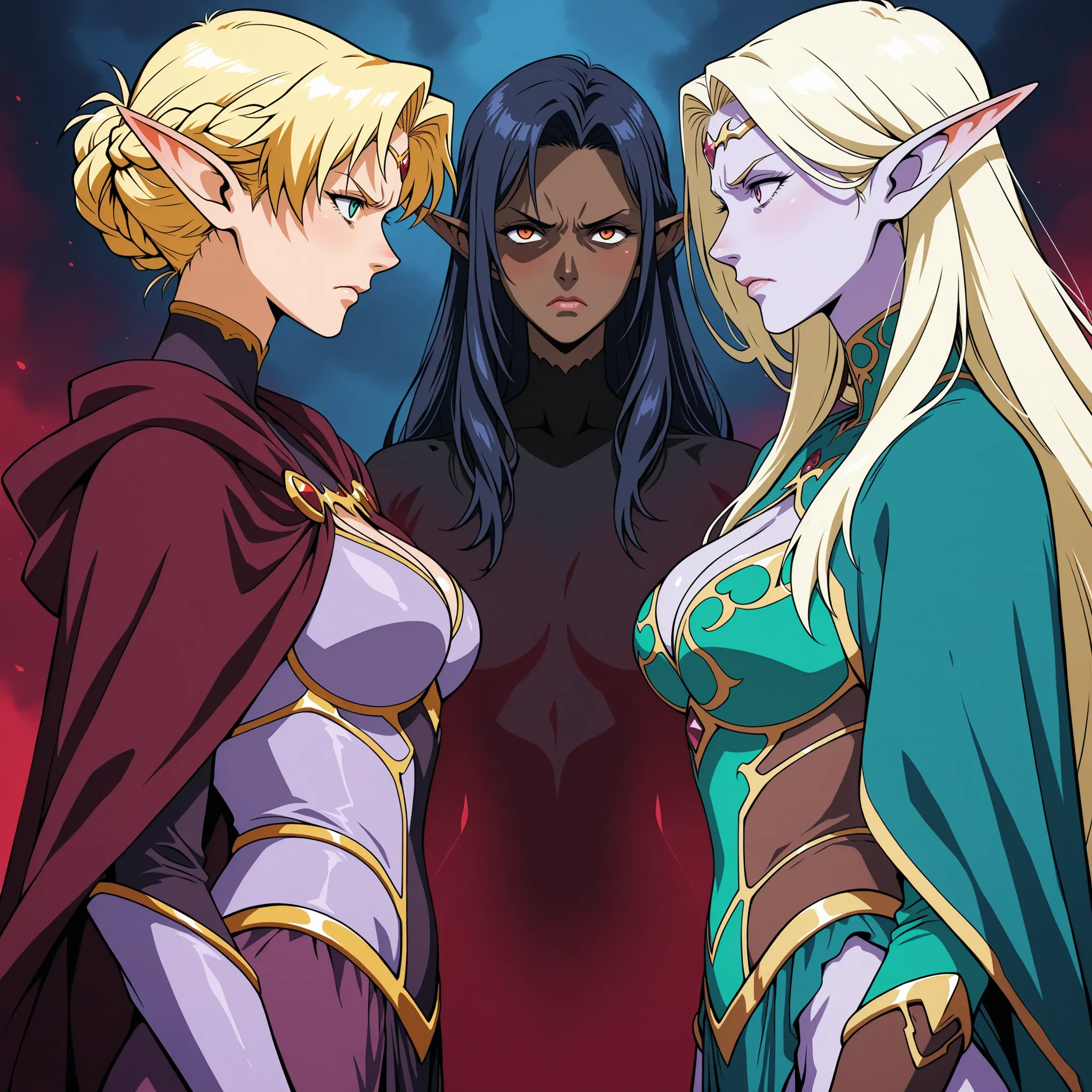2girls; A mature dark elf princess facing off against a mature high elf princess, angry stare at each other, equal height, in full color, in full view in a highly detailed anime style