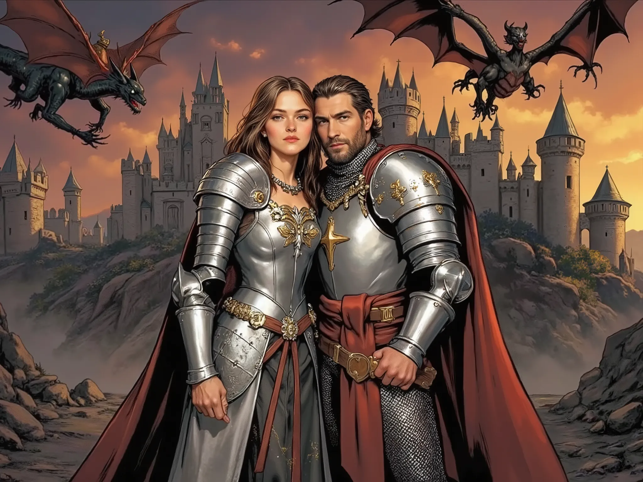 Recreate the scene using the selected models. Now they are using sword and shield to defend the realm