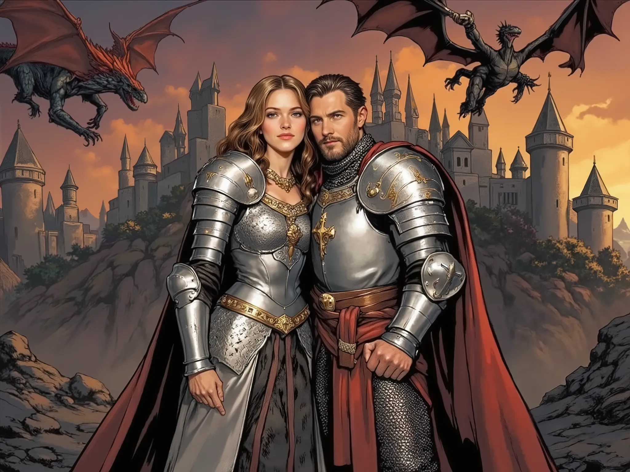 Recreate the scene using the selected models. Now they are using sword and shield to defend the realm