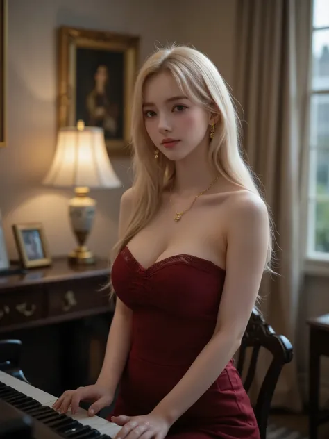 A hyper-realistic portrait of a beautiful young woman with, wavy platinum-blonde hair and fair skin, sitting at a digital piano in a warmly lit, vintage-style room. She is slim. She wears an elegant, off-shoulder deep red dress with lace trim on the sleeve...