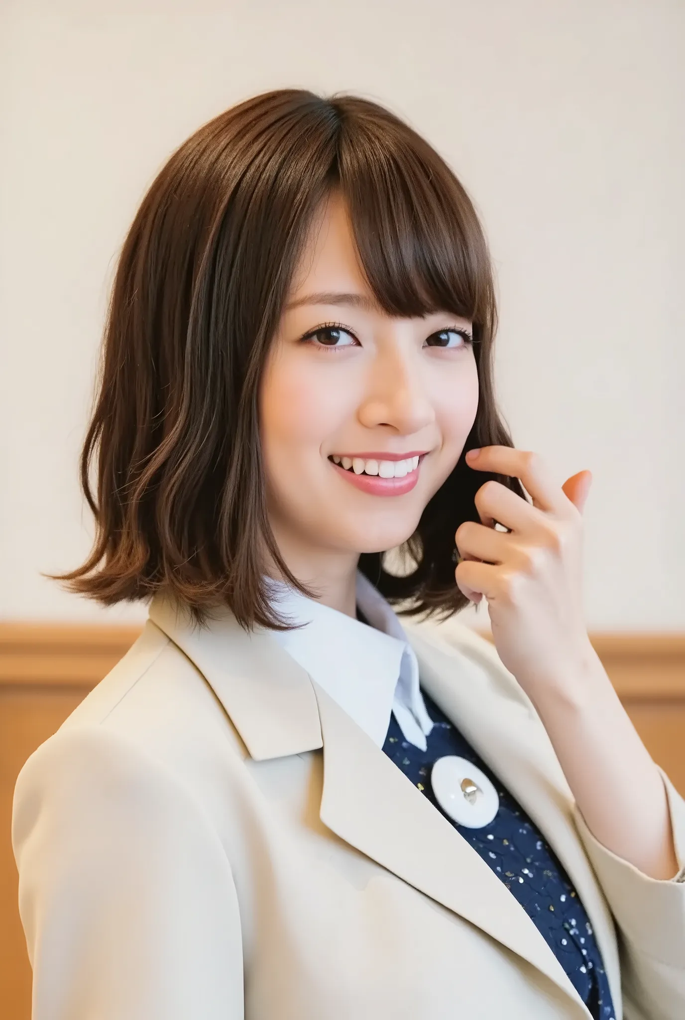 Neat Young Woman、and look at the camera、office lady suit、jacket、shirt、ear piercing、smile showing teeth、 背景は部屋の中