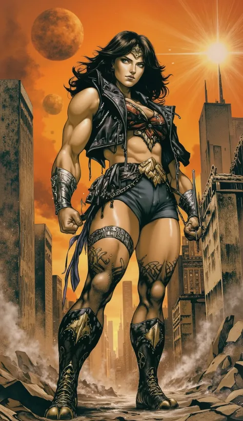 Ultra detailed 2D anime style portrait of Christa Bauch, muscular German female bodybuilder as Wonder Woman in an alternate DC Comics universe, featuring defined musculature and strong facial features. She wears a fusion costume: classic Wonder Woman outfi...