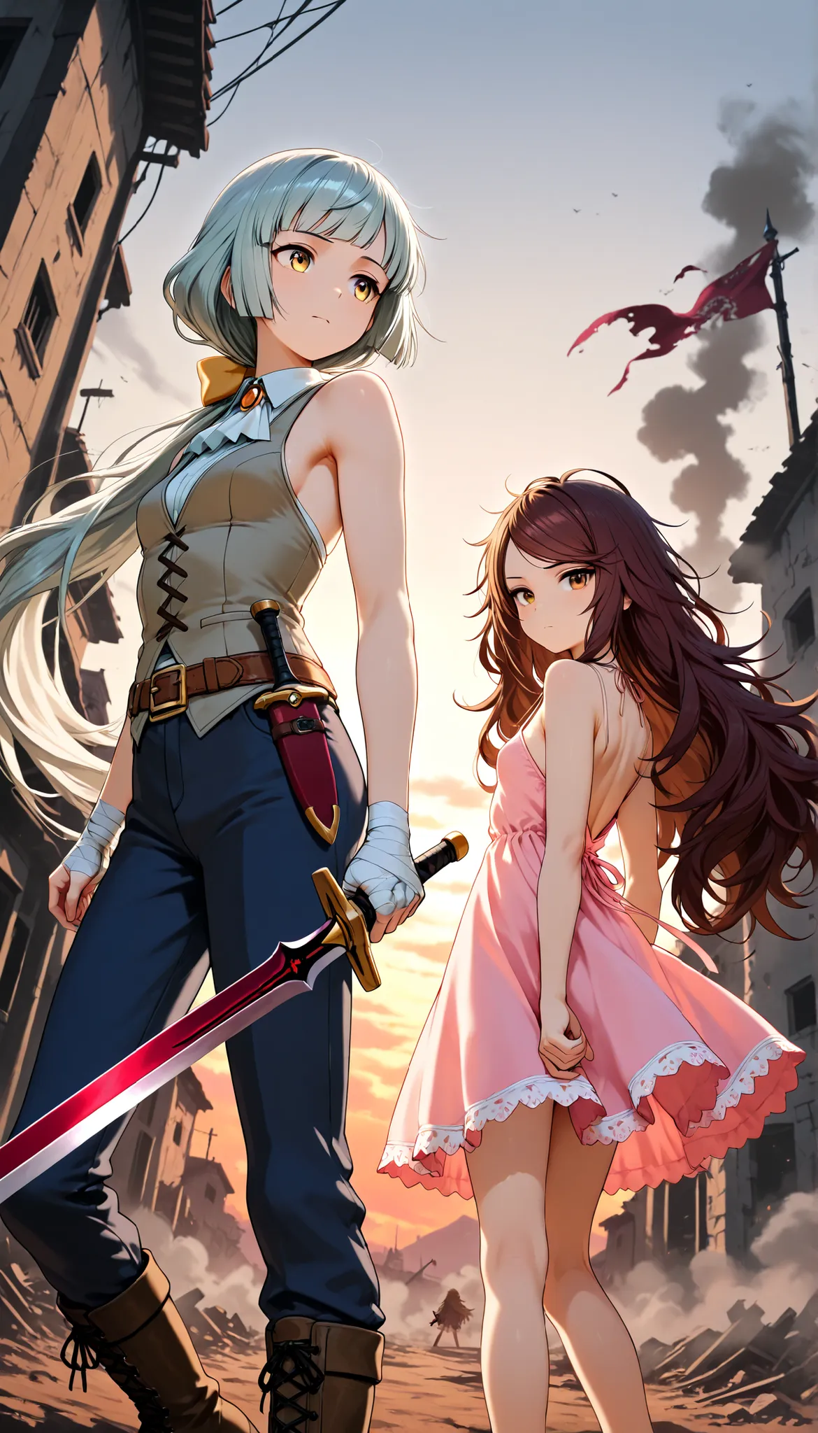 (Masterpiece, best quality), intricate details, JK, highly detailed, intricate details, 2girls, character: messy hair, brown hair , brown eyes , very long hair ,low ponytail, swept bangs thin , small breasts , bare shoulders , pink sundress , backless s...