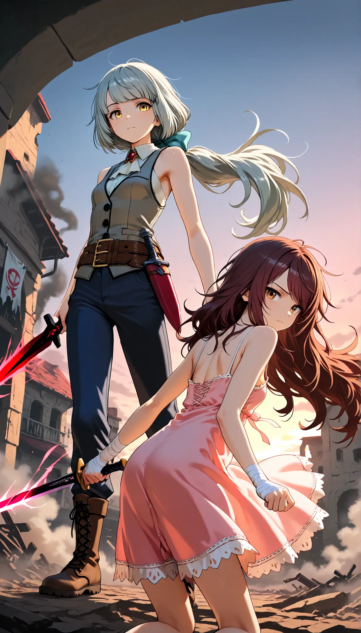 (Masterpiece, best quality), intricate details, JK, highly detailed, intricate details, 2girls, character: messy hair, brown hair , brown eyes , very long hair ,low ponytail, swept bangs thin , small breasts , bare shoulders , pink sundress , backless s...
