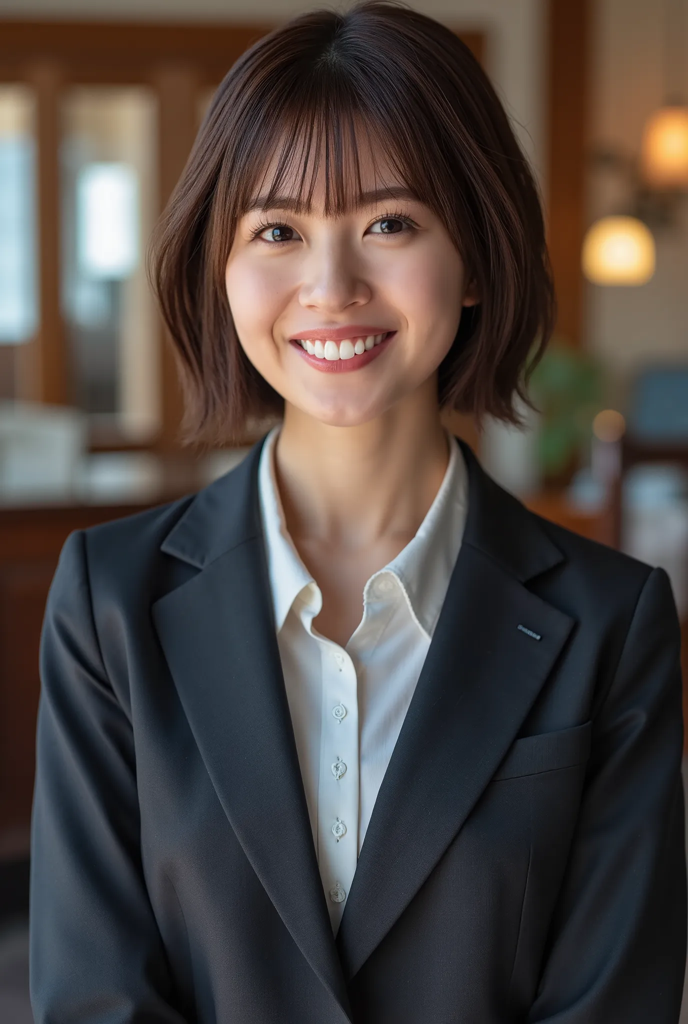 eat Young Woman、and look at the camera、smile showing teeth、office lady suit、jacket、shirt、髪型ショートカット、 、dark eyeshadow、upper body、Background is in a room、