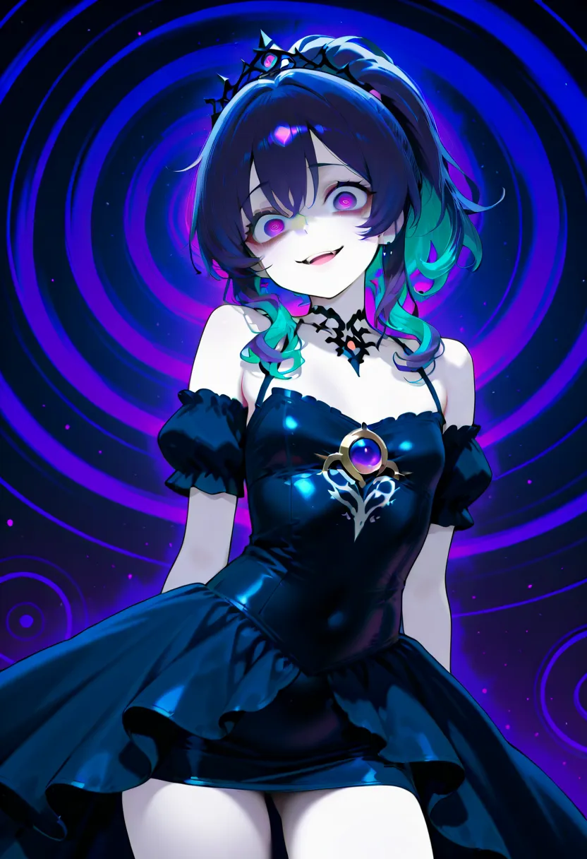 Petite woman, (long dark purple hair with green streaks), hair in a single messy ponytail, jeweled tiara on her head, wearing regal clothes, spiral eyes, powerful expression, yandere