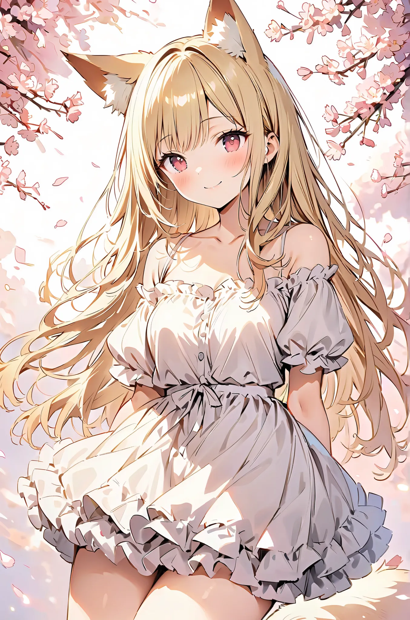 masterpiece、concept art、（very well detailed）、 (((masterpiece、Highest Quality、   、16k))) 、1 girl、amazing cherry blossom blizzard background、Multiple cherry trees、( fox ears、off-shoulder、platinum blonde、long hair、wave hair、Frilled skirt)、( やわらかなsmile )、   Sp...