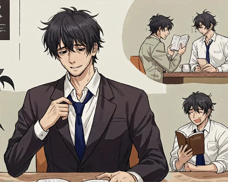 最high quality, Anime Illustration, 4K, high definition、anime style, 男1人high quality, high definition, Beautiful line drawing, middle-aged male character who is a regular cafe, Late 30s, Long, 前髪unkempt dark hair, Stubbornあり, in a suit, loosens the first bu...