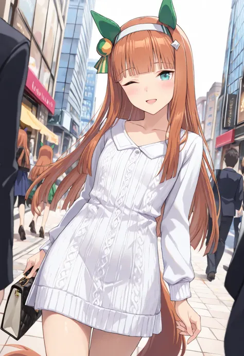 (masterpiece, best quality, perfect face:1.4), wide angle, silence suzuka \(umamusume\), horse ears, ear cover, white headband, small breasts, horse tail, tail on the lower back, proportional body, proportional,1 girl, beautiful hair, beautiful face, beaut...