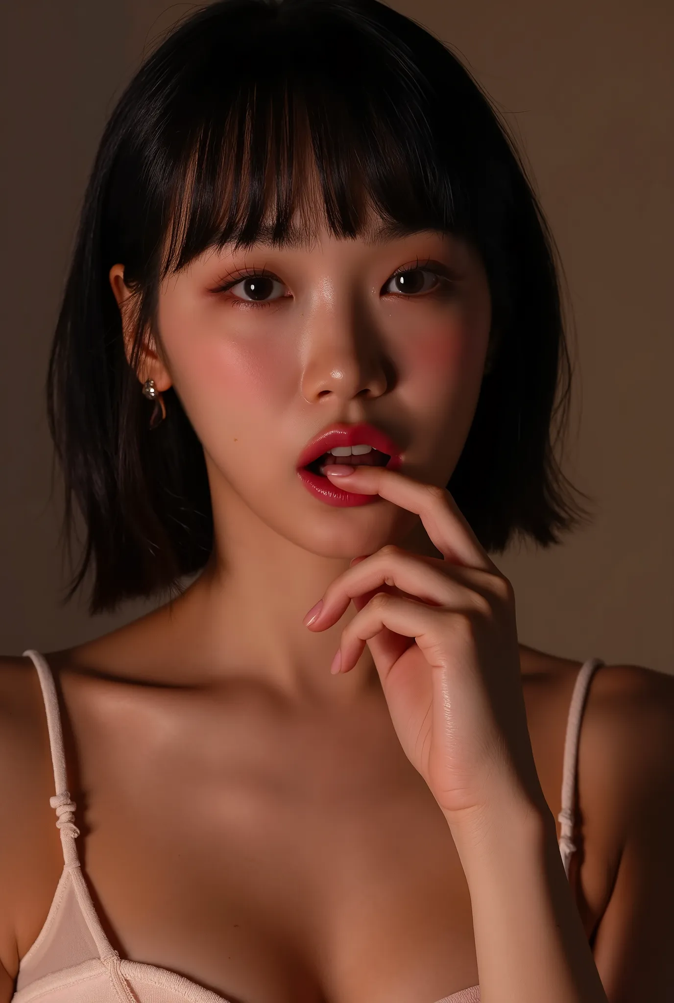 biting finger, sexy expression, Volumetric Lighting, Stunning babe with perfect slender body, dressed in sheer fabric intimate dress, parted lips, shiny pink glossy lipstick. light depth, dramatic atmospheric lighting,sexy expression,with perfect slender b...