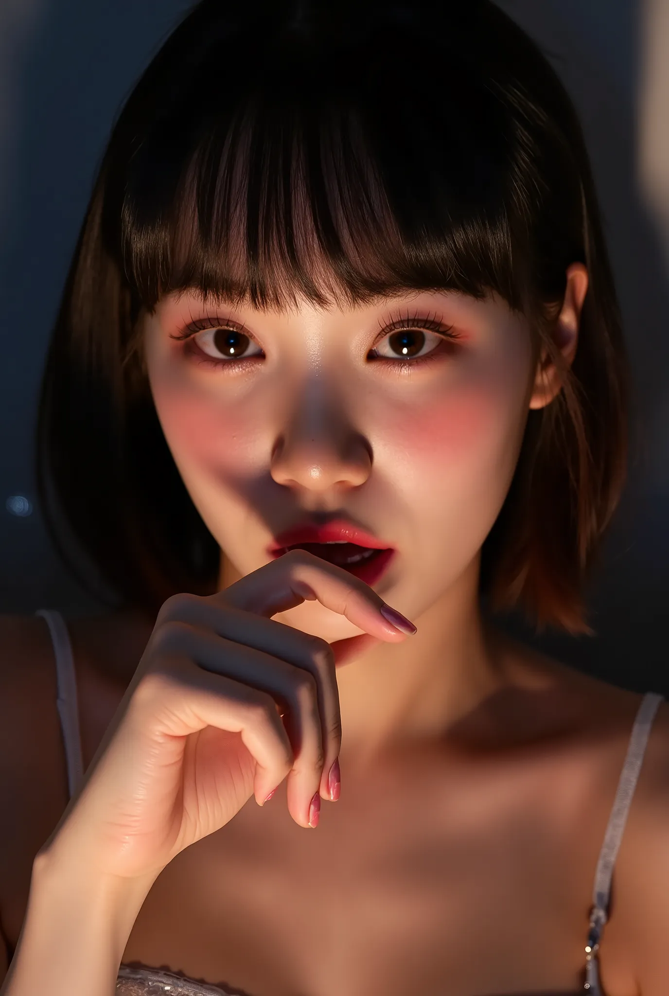 biting finger, sexy expression, Volumetric Lighting, Stunning babe with perfect slender body, dressed in sheer fabric intimate dress, parted lips, shiny pink glossy lipstick. light depth, dramatic atmospheric lighting,sexy expression,with perfect slender b...