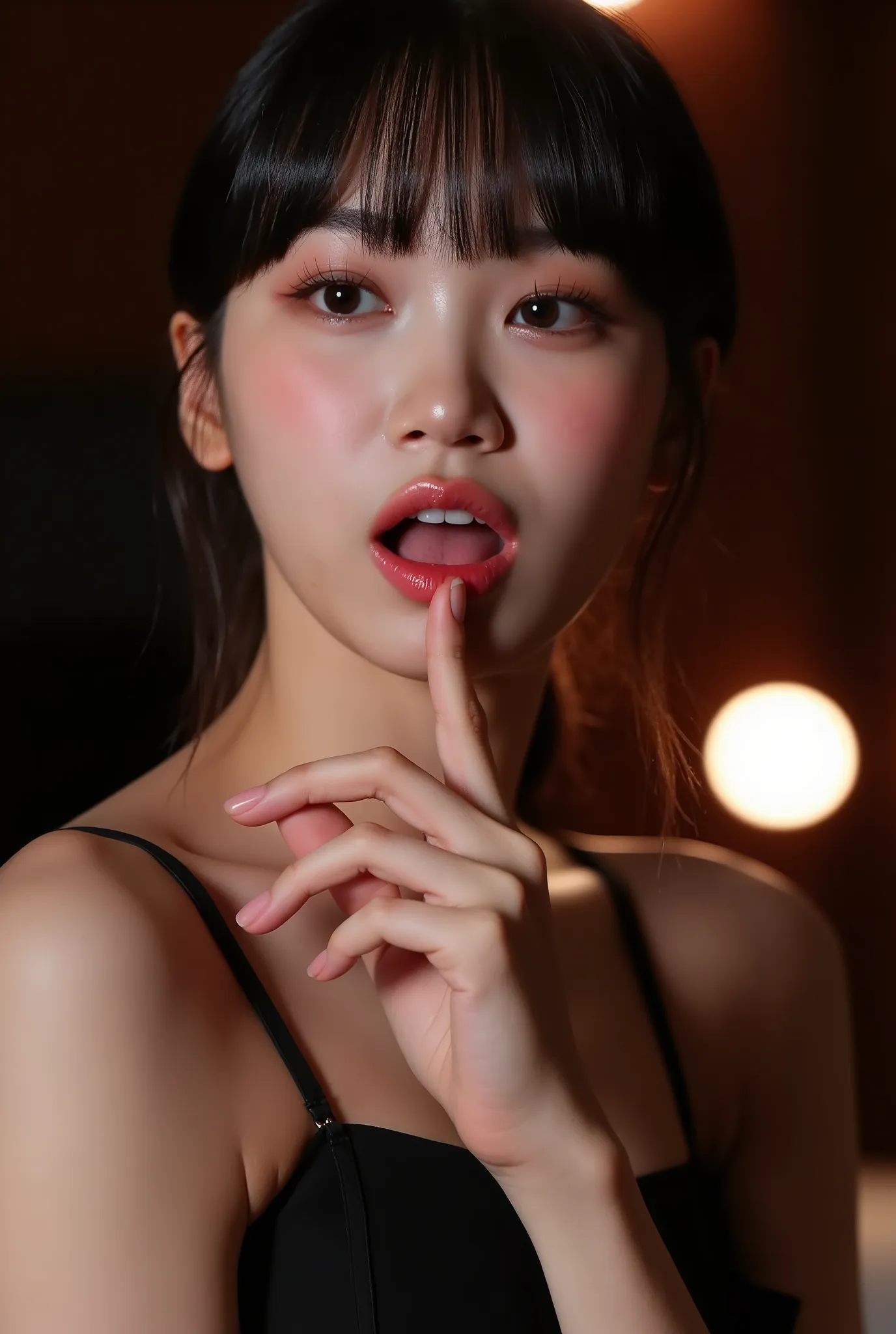 biting finger, sexy expression, Volumetric Lighting, Stunning babe with perfect slender body, dressed in sheer fabric intimate dress, parted lips, shiny pink glossy lipstick. light depth, dramatic atmospheric lighting,sexy expression,with perfect slender b...