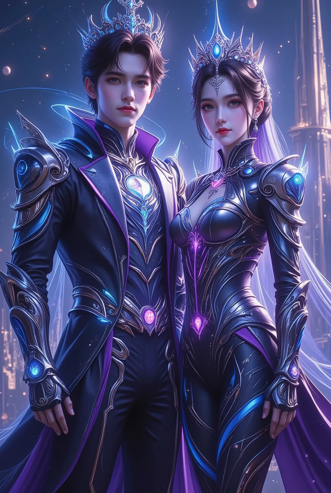 young sci-fi emperor and empress standing together, sleek futuristic royal suits with glowing circuits, cybernetic crowns, neon blue and violet lighting, advanced armor infused with holograms, background of a high-tech megacity or space citadel, starfield ...