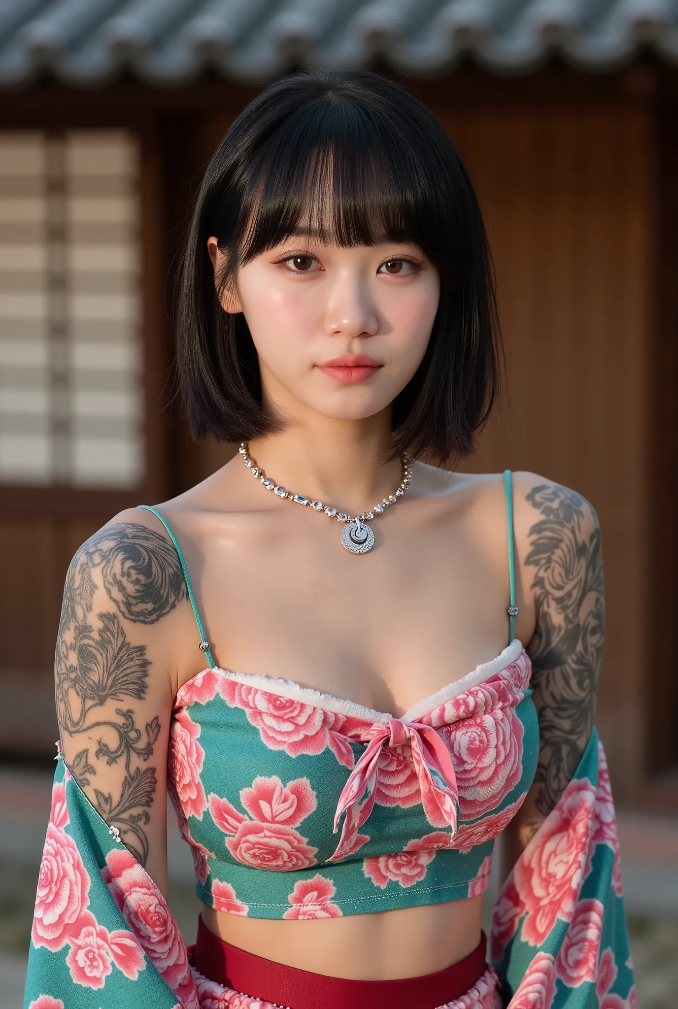 A gyaru woman with necklace and stunning, gorgeous presence, full-body tattoo collection. Her outfit is a tight-fitted Kimono that accentuate her breasts and voluptuous, curvy figure. She looking the viewer directly from the front view, High angle shot. Th...