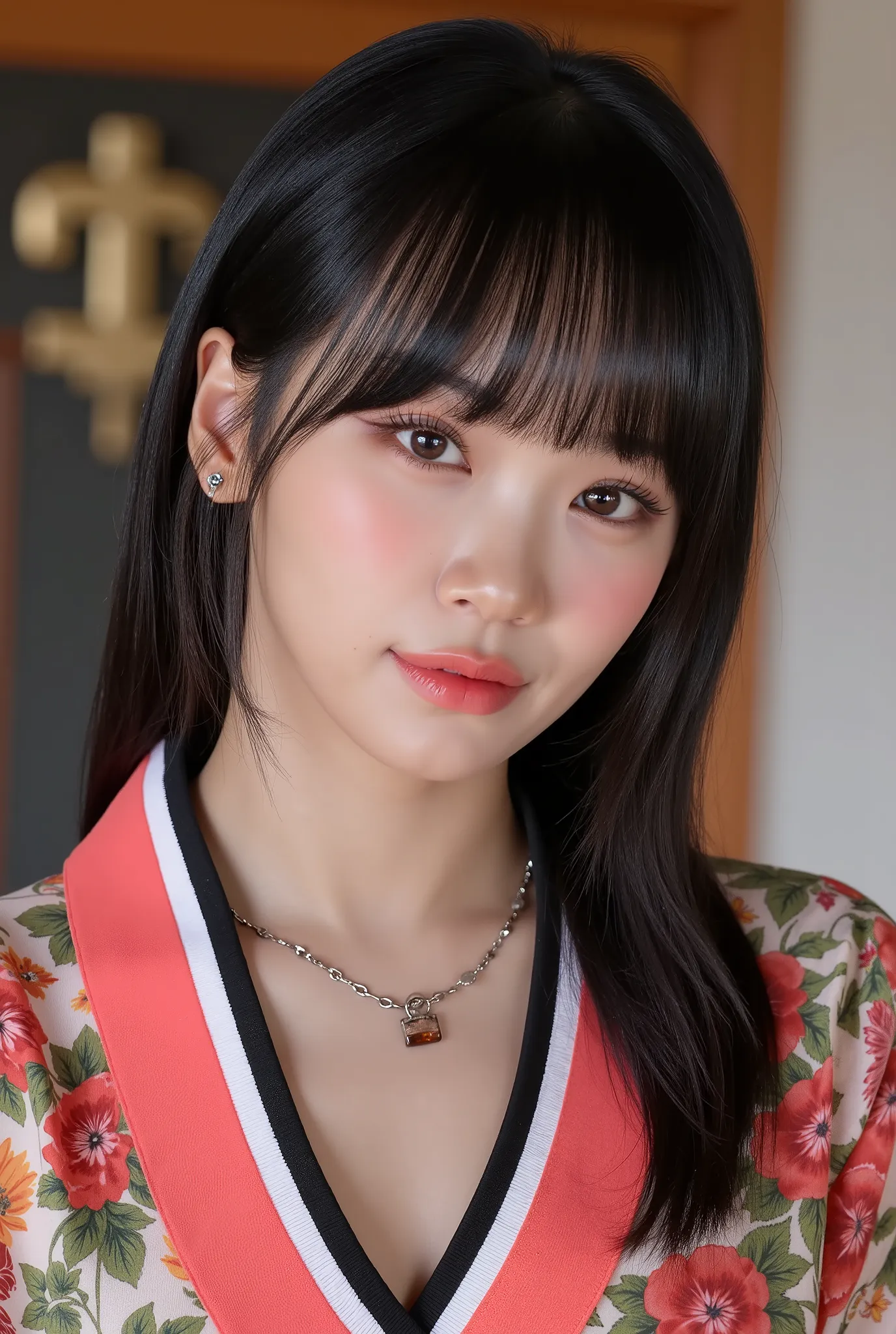 A gyaru woman with necklace and stunning, gorgeous presence, full-body tattoo collection. Her outfit is a tight-fitted Kimono that accentuate her breasts and voluptuous, curvy figure. She looking the viewer directly from the front view, High angle shot. Th...