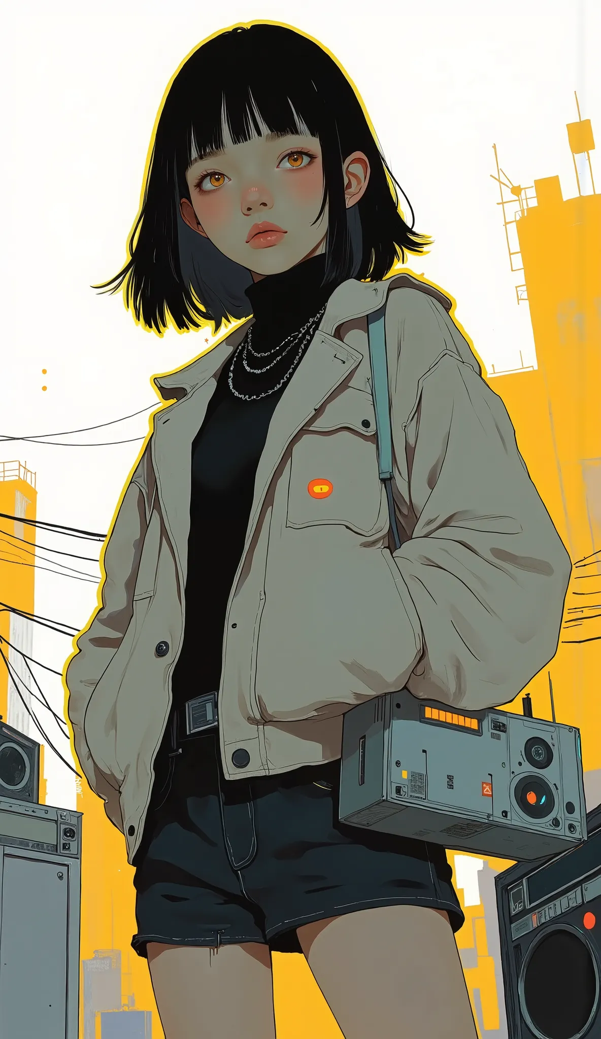 Japanese high school girl is in a pose where she just hangs her laptop on her shoulder、creates a confident and relaxed atmosphere it shows . his expression is cold and confident, Highlights his slanted head. he has a loose jacket and a It's about to break...