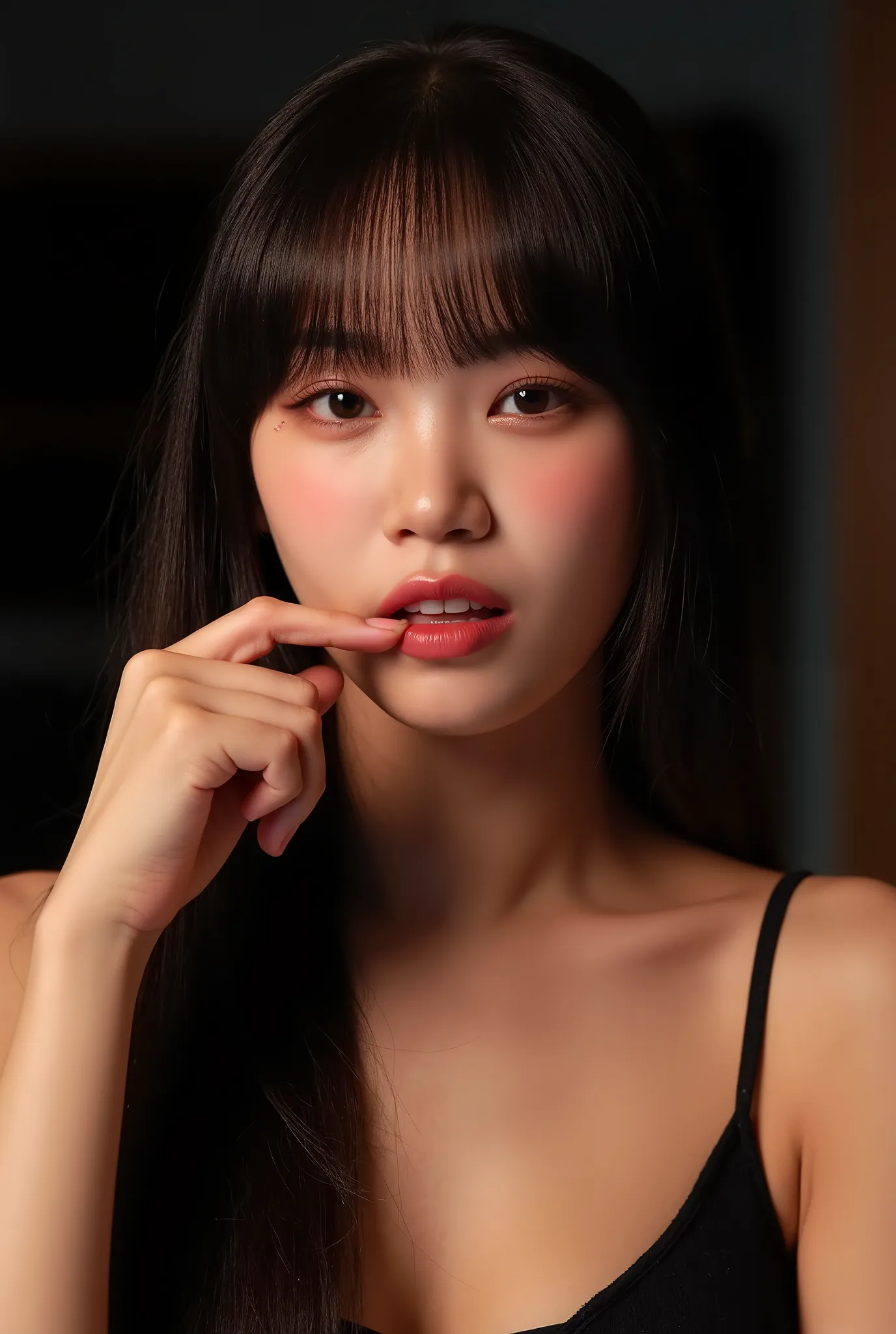 biting finger, sexy expression, Volumetric Lighting, Stunning babe with perfect slender body, dressed in sheer fabric intimate dress, parted lips, shiny pink glossy lipstick. light depth, dramatic atmospheric lighting,sexy expression,with perfect slender b...
