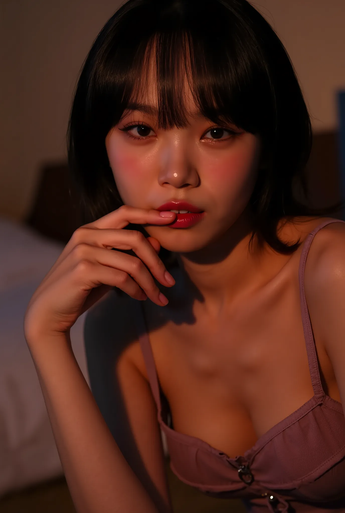 biting finger, sexy expression, Volumetric Lighting, Stunning babe with perfect slender body, dressed in sheer fabric intimate dress, parted lips, shiny pink glossy lipstick. light depth, dramatic atmospheric lighting,sexy expression,with perfect slender b...
