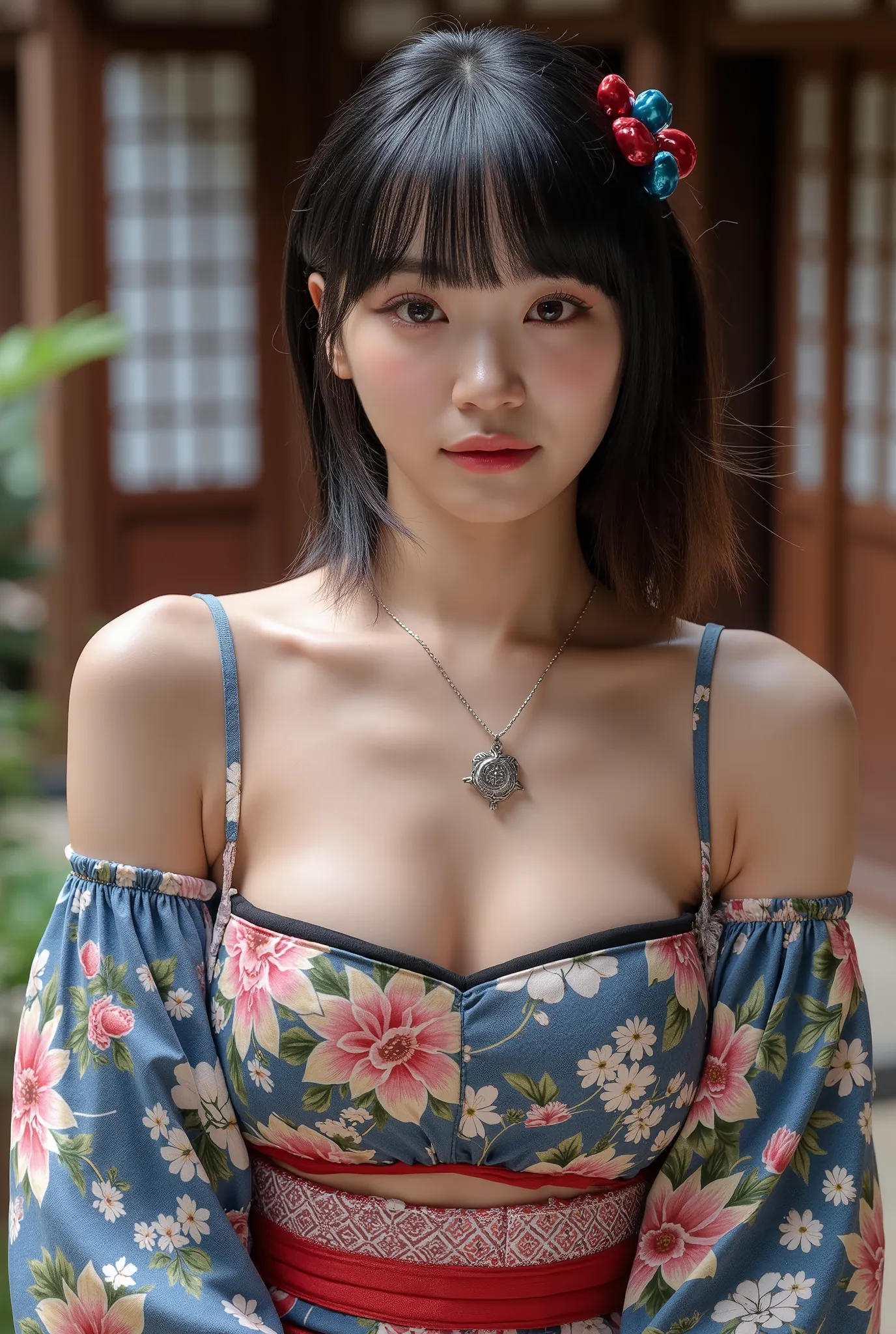 A gyaru woman with necklace and stunning, gorgeous presence, full-body tattoo collection. Her outfit is a tight-fitted Kimono that accentuate her breasts and voluptuous, curvy figure. She looking the viewer directly from the front view, High angle shot. Th...