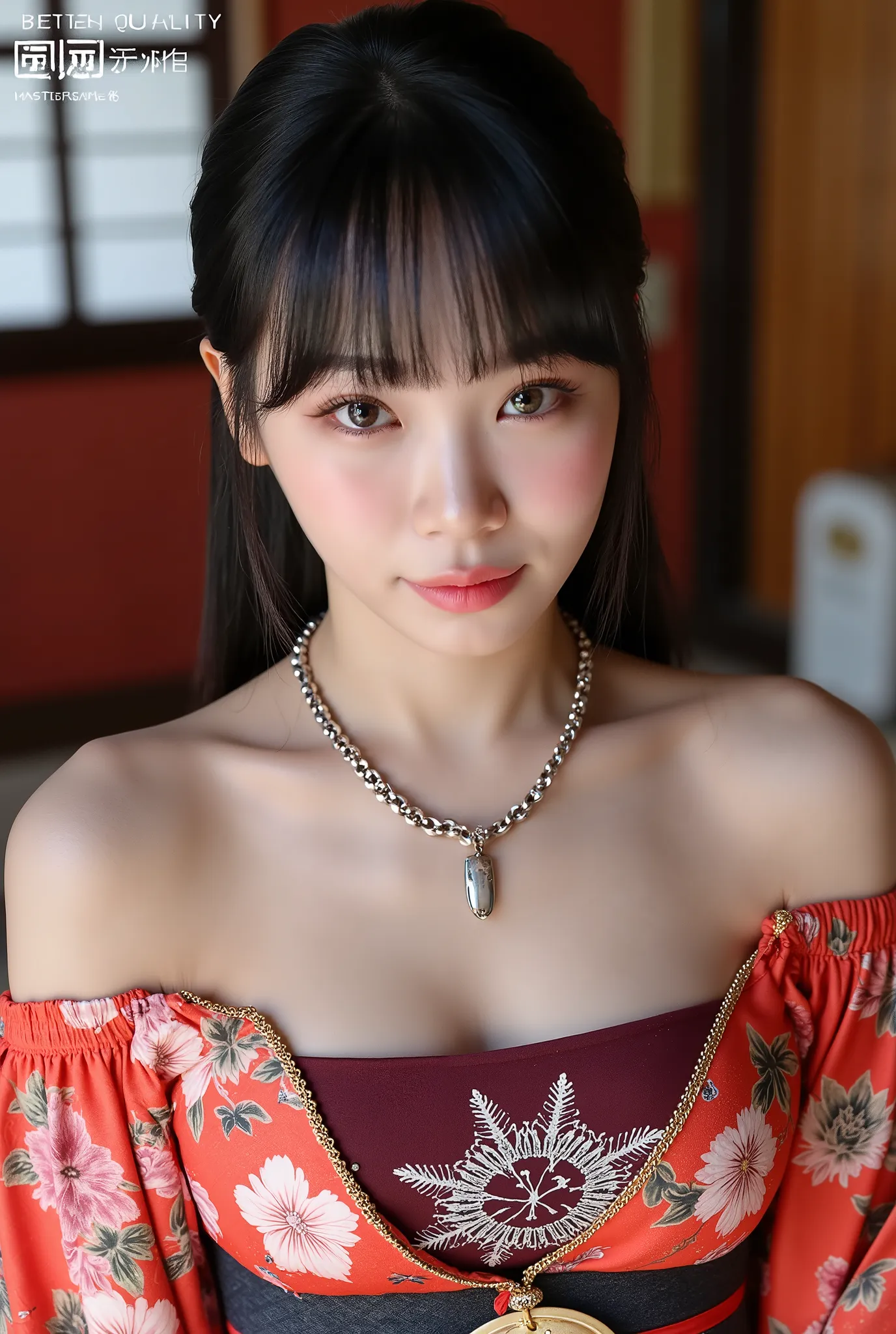 A gyaru woman with necklace and stunning, gorgeous presence, full-body tattoo collection. Her outfit is a tight-fitted Kimono that accentuate her breasts and voluptuous, curvy figure. She looking the viewer directly from the front view, High angle shot. Th...