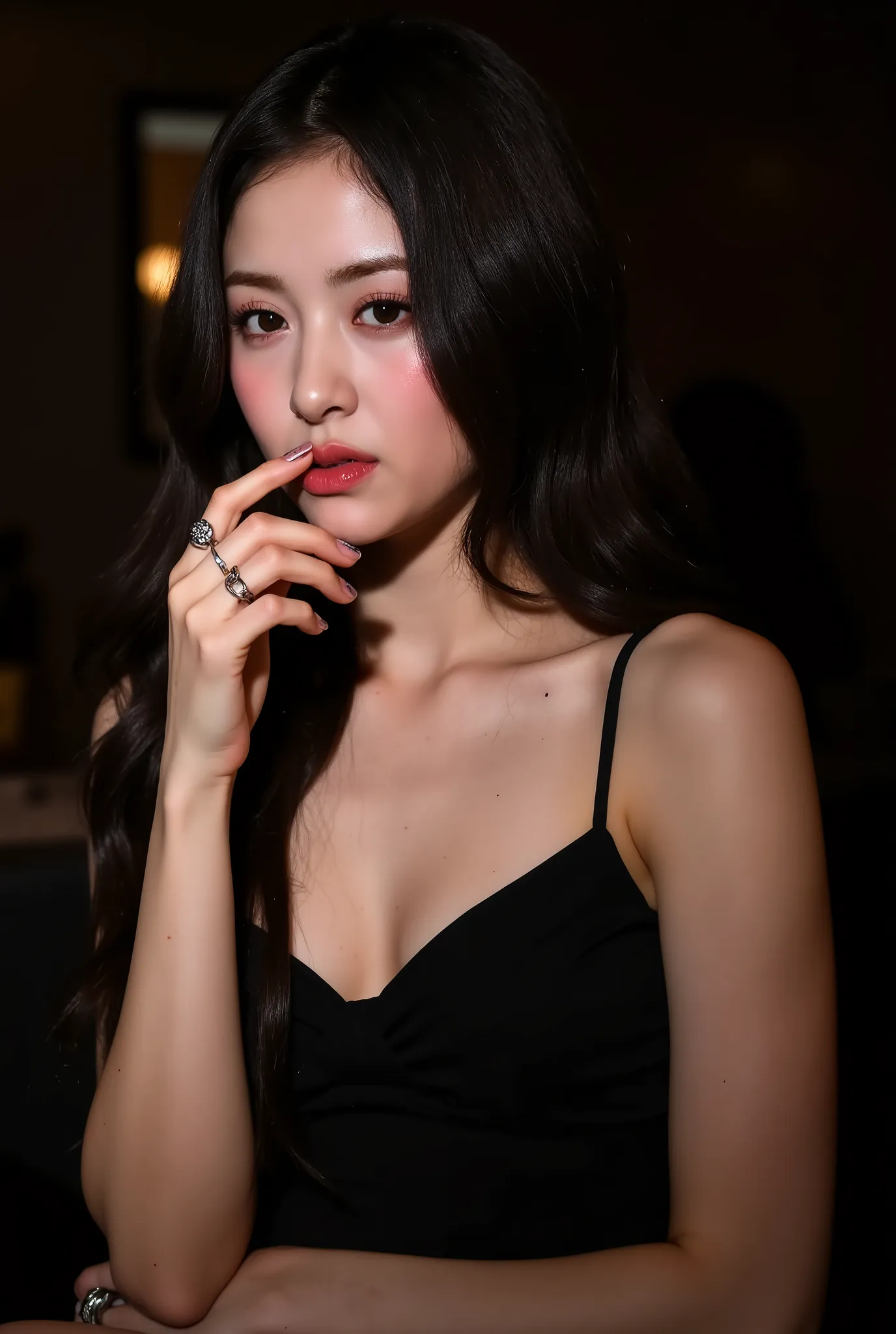 biting finger, sexy expression, Volumetric Lighting, Stunning babe with perfect slender body, dressed in sheer fabric intimate dress, parted lips, shiny pink glossy lipstick. light depth, dramatic atmospheric lighting,sexy expression,with perfect slender b...