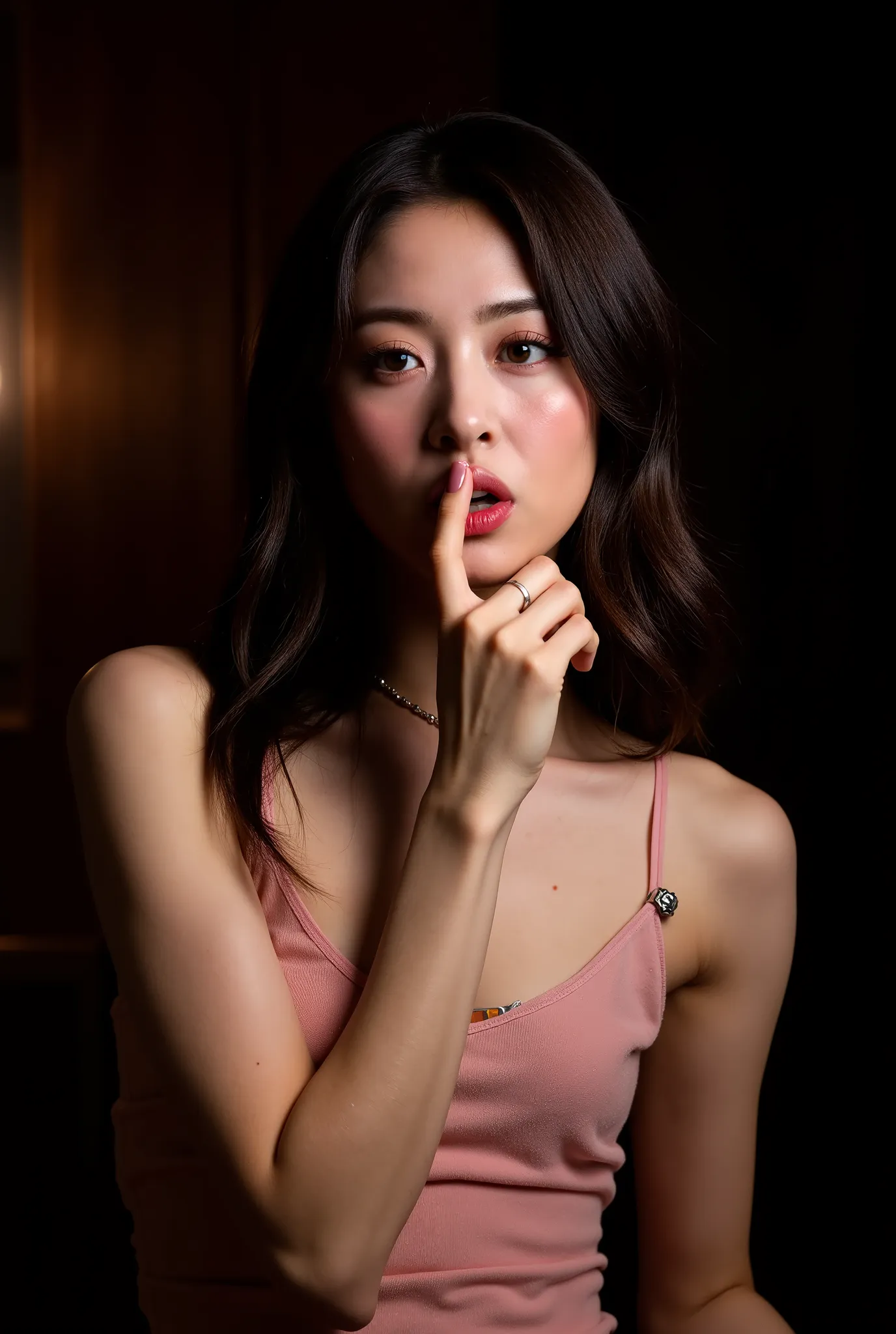 biting finger, sexy expression, Volumetric Lighting, Stunning babe with perfect slender body, dressed in sheer fabric intimate dress, parted lips, shiny pink glossy lipstick. light depth, dramatic atmospheric lighting,sexy expression,with perfect slender b...