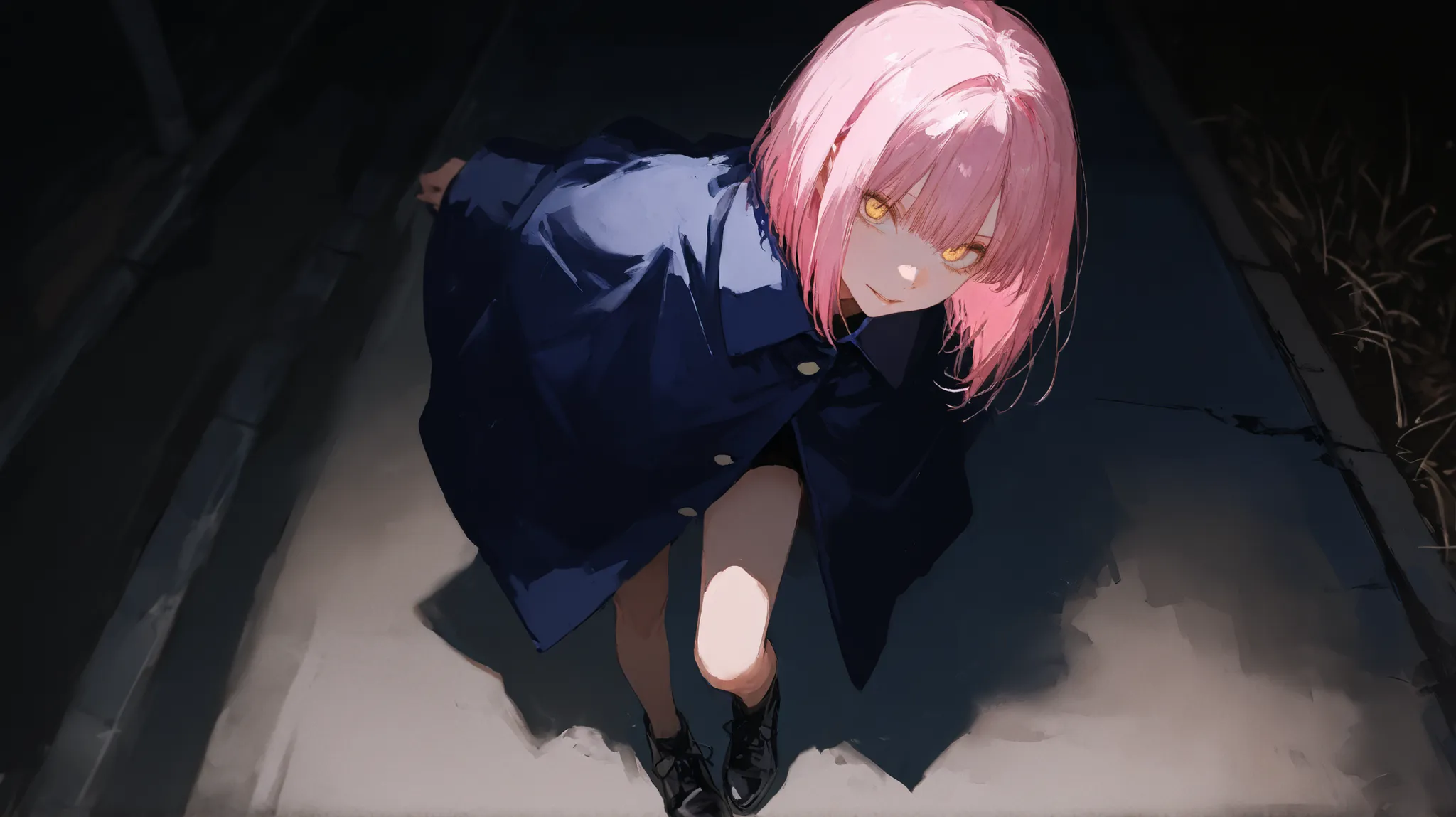 high image quality　girl　full body　Road Ground　Up Angle　turn around　Dark Atmosphere　pink hair　golden eyes　bob hair　The outside wing is constricted　Detective uniform　birthday　　