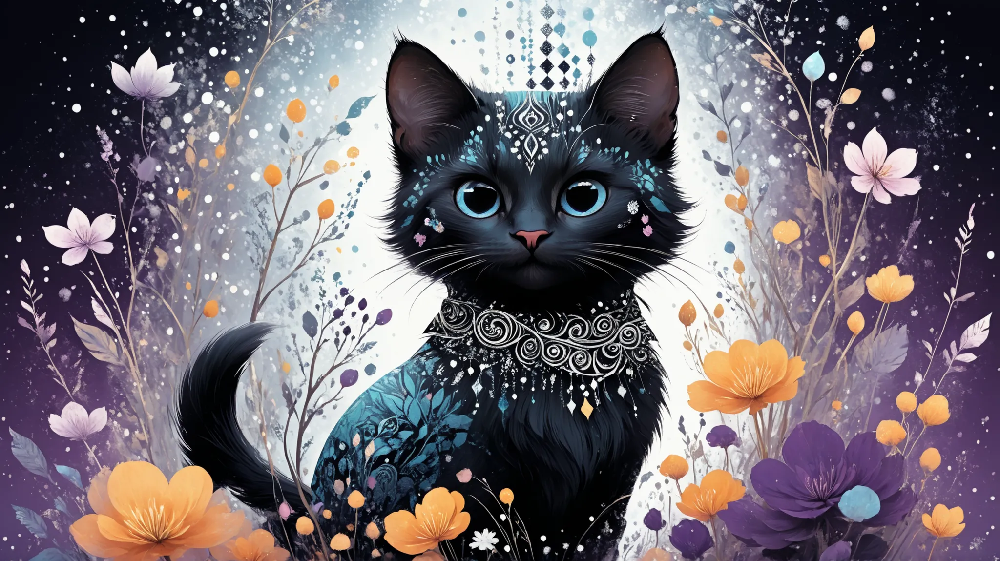 Cute magic fantasy animal (gato) illustration in Novuschroma style with patterns
