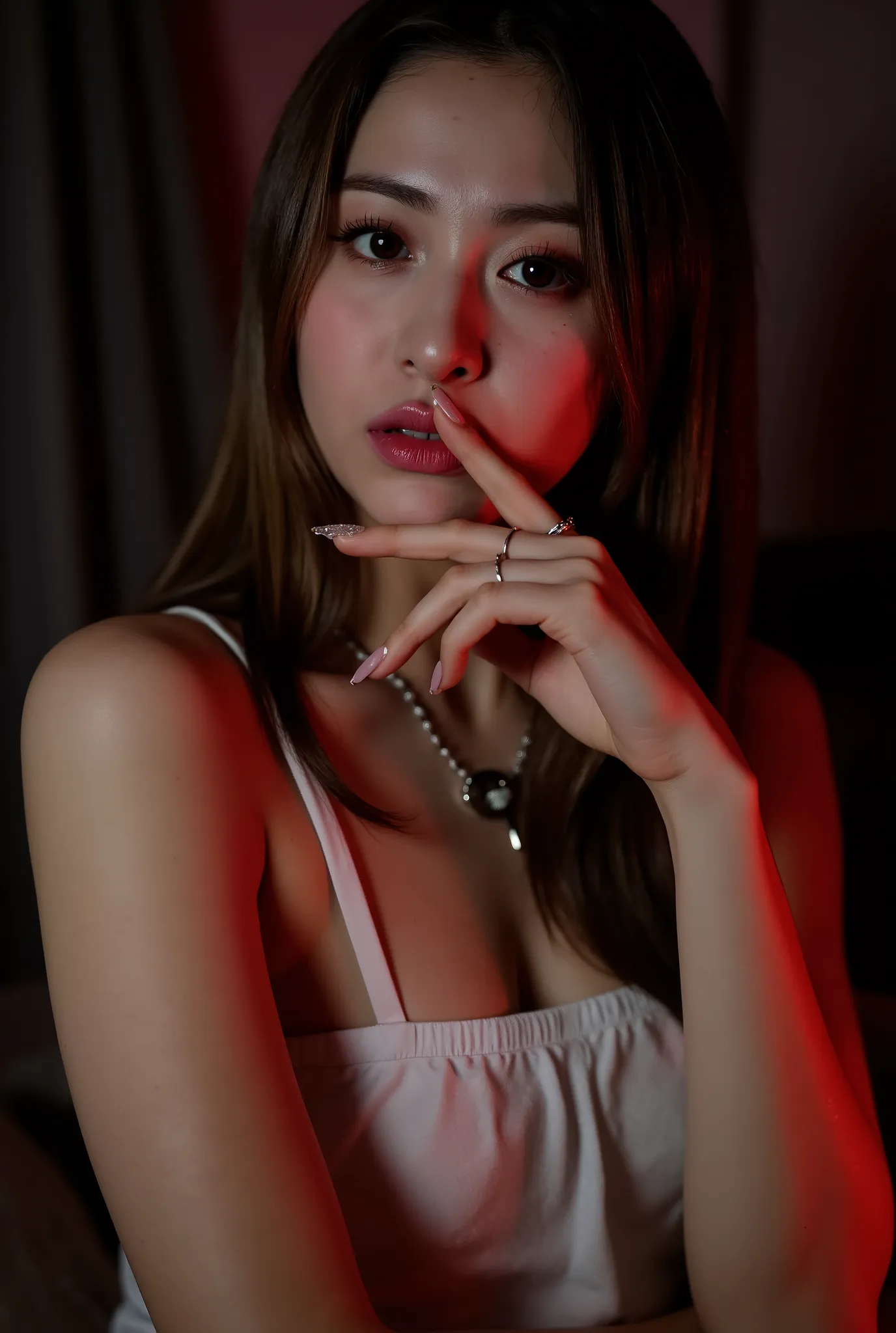 biting finger, sexy expression, Volumetric Lighting, Stunning babe with perfect slender body, dressed in sheer fabric intimate dress, parted lips, shiny pink glossy lipstick. light depth, dramatic atmospheric lighting,sexy expression,with perfect slender b...
