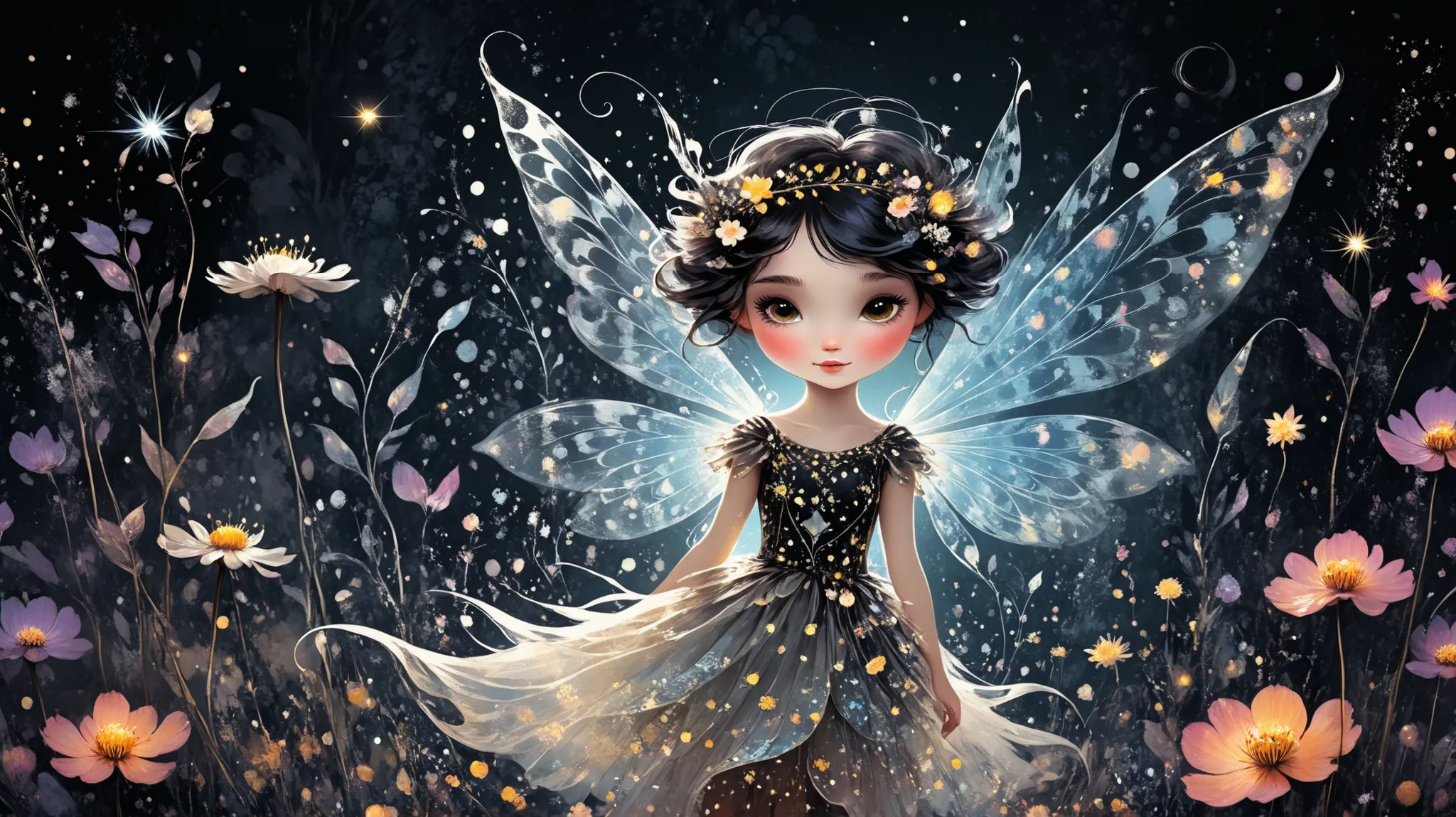 novuschroma style Cute magic fairy fantasy illustration in Novuschroma style with patterns
