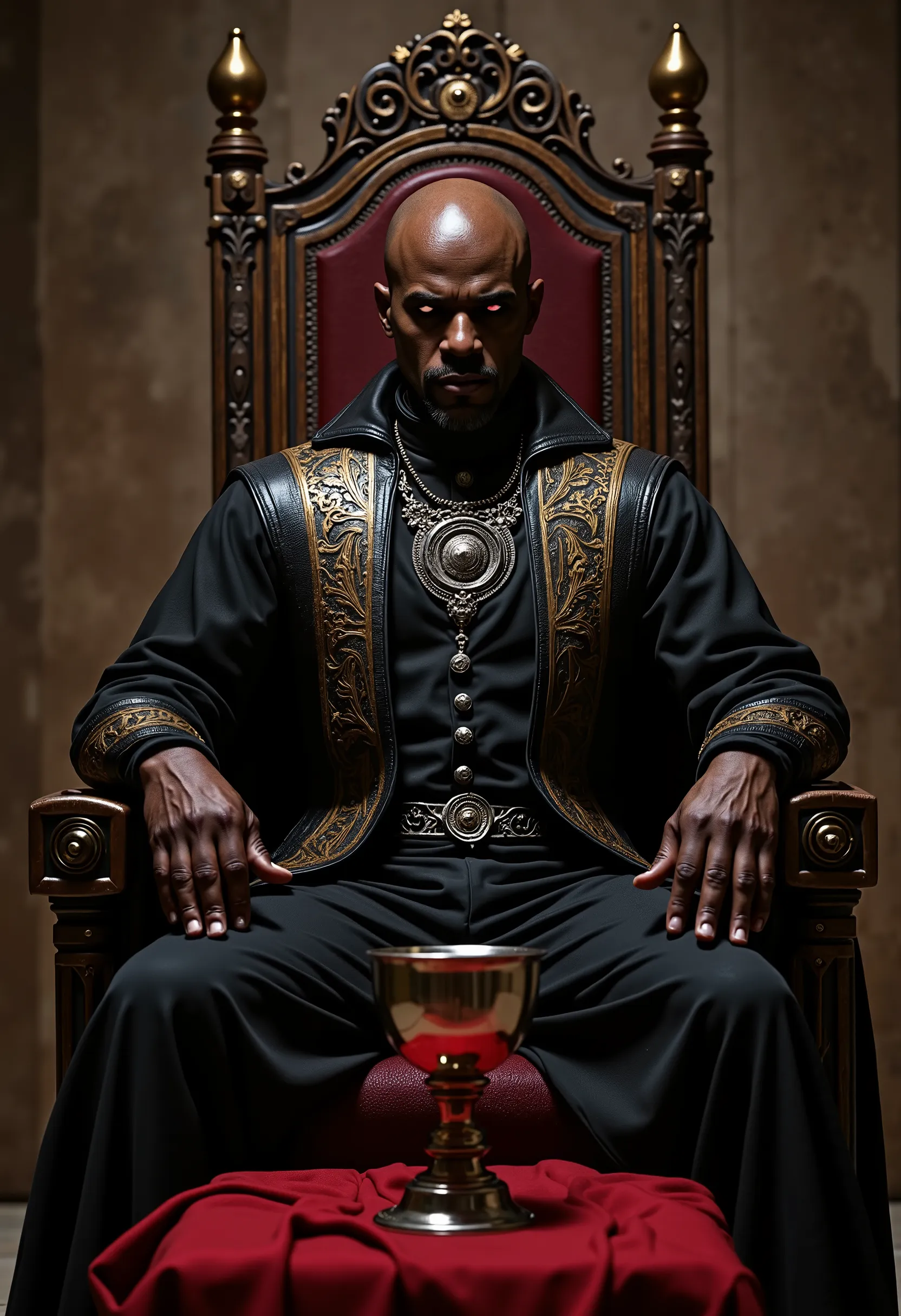 a black bald man with a goatee, seated in what appears to be a throne-like chair within a stone structure. He has a serious expression and is looking slightly off to his right. His eyes were completely black, with no visible iris or pupil. He is wearing a ...