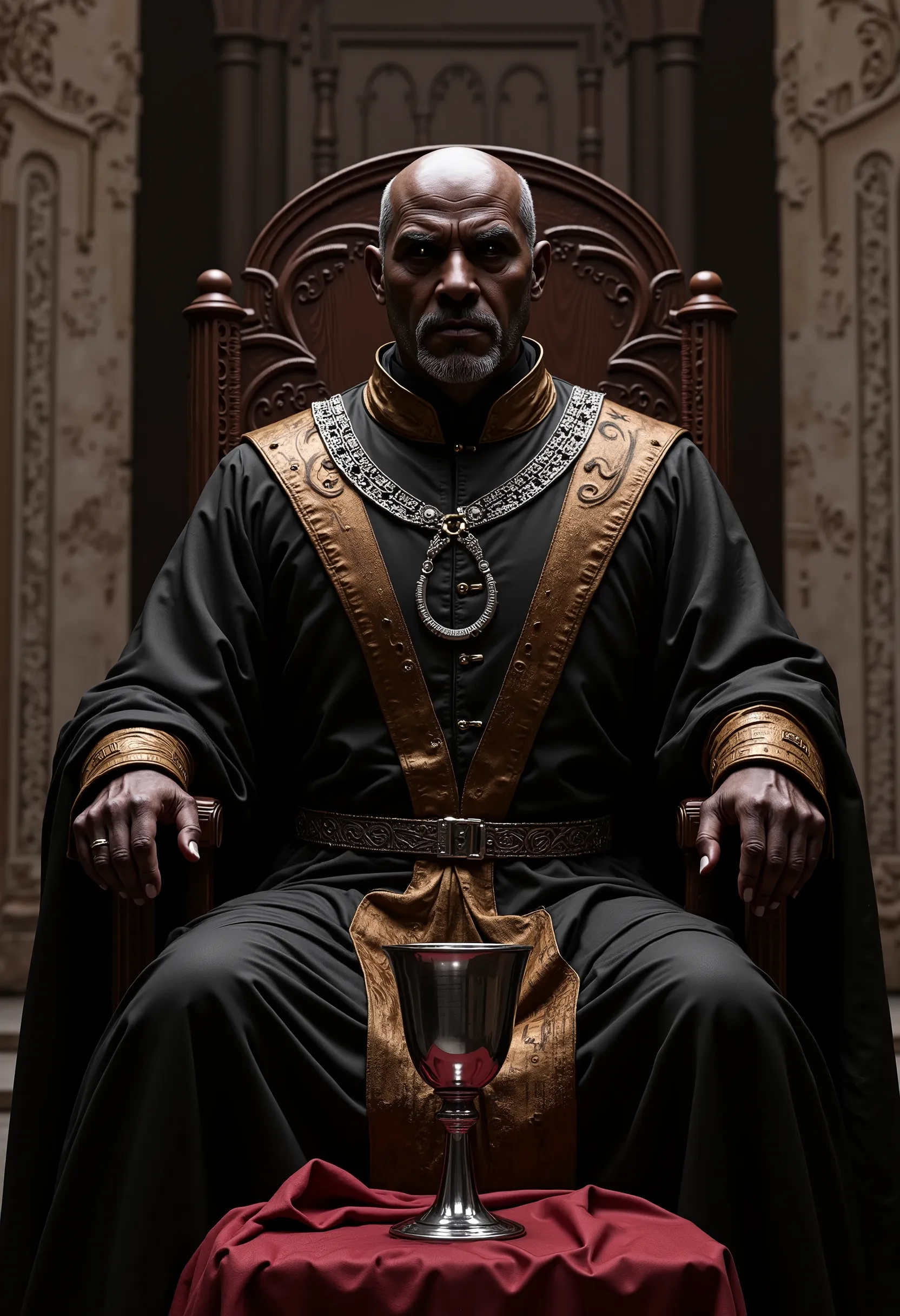 a black bald man with a goatee, seated in what appears to be a throne-like chair within a stone structure. He has a serious expression and is looking slightly off to his right. His eyes were completely black, with no visible iris or pupil. He is wearing a ...