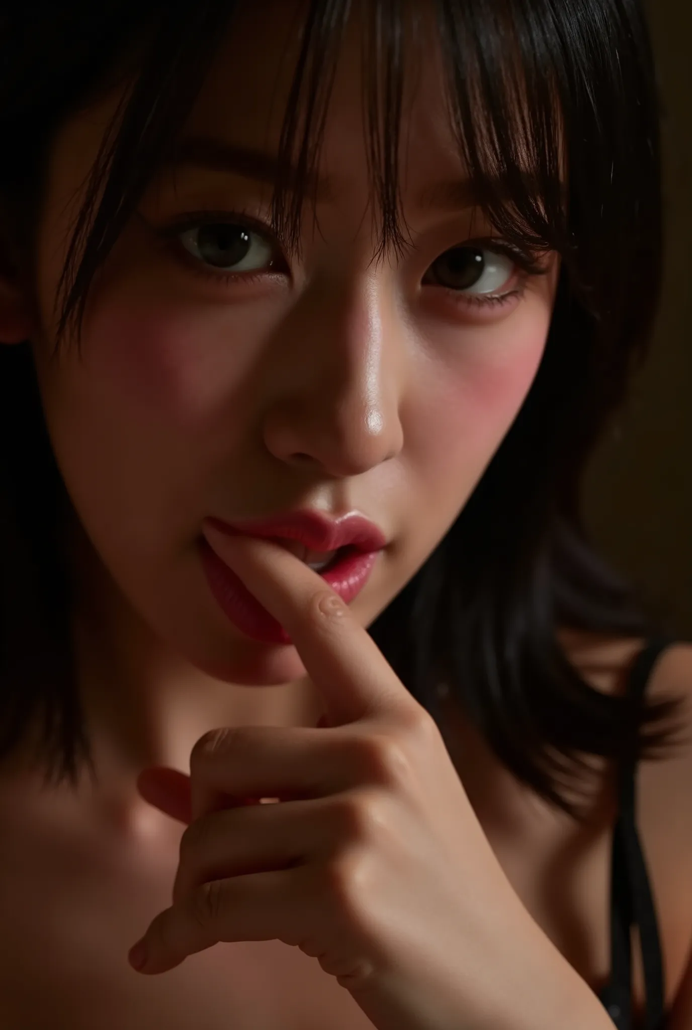 biting finger, sexy expression, Volumetric Lighting, Stunning babe with perfect slender body, dressed in sheer fabric intimate dress, parted lips, shiny pink glossy lipstick. light depth, dramatic atmospheric lighting,sexy expression,with perfect slender b...