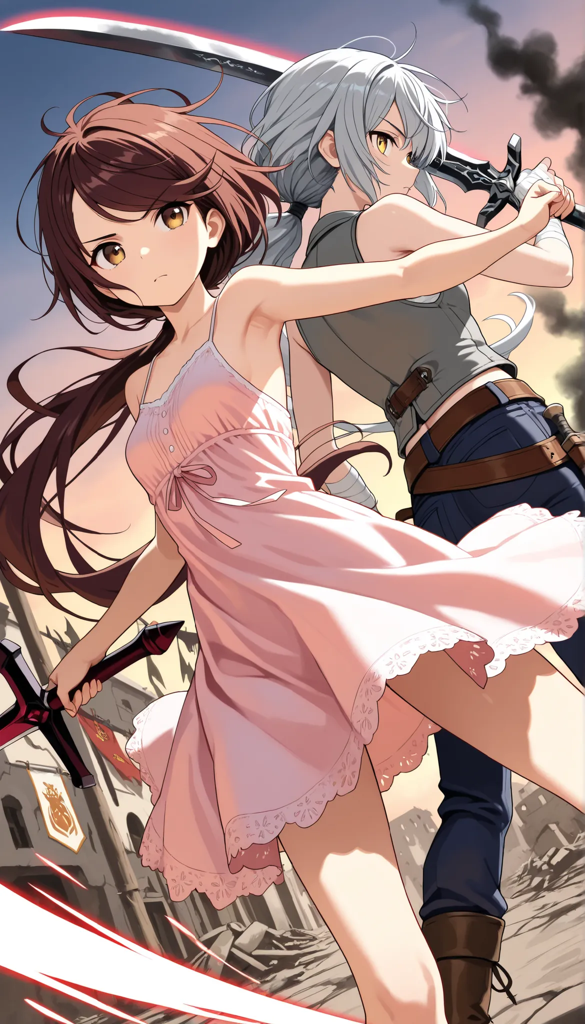 (Masterpiece, best quality), intricate details, JK, highly detailed, intricate details, 2girls, back to back, action pose, dynamic angle, character: messy hair, brown hair , brown eyes , very long hair ,low ponytail, swept bangs thin , small breasts , b...