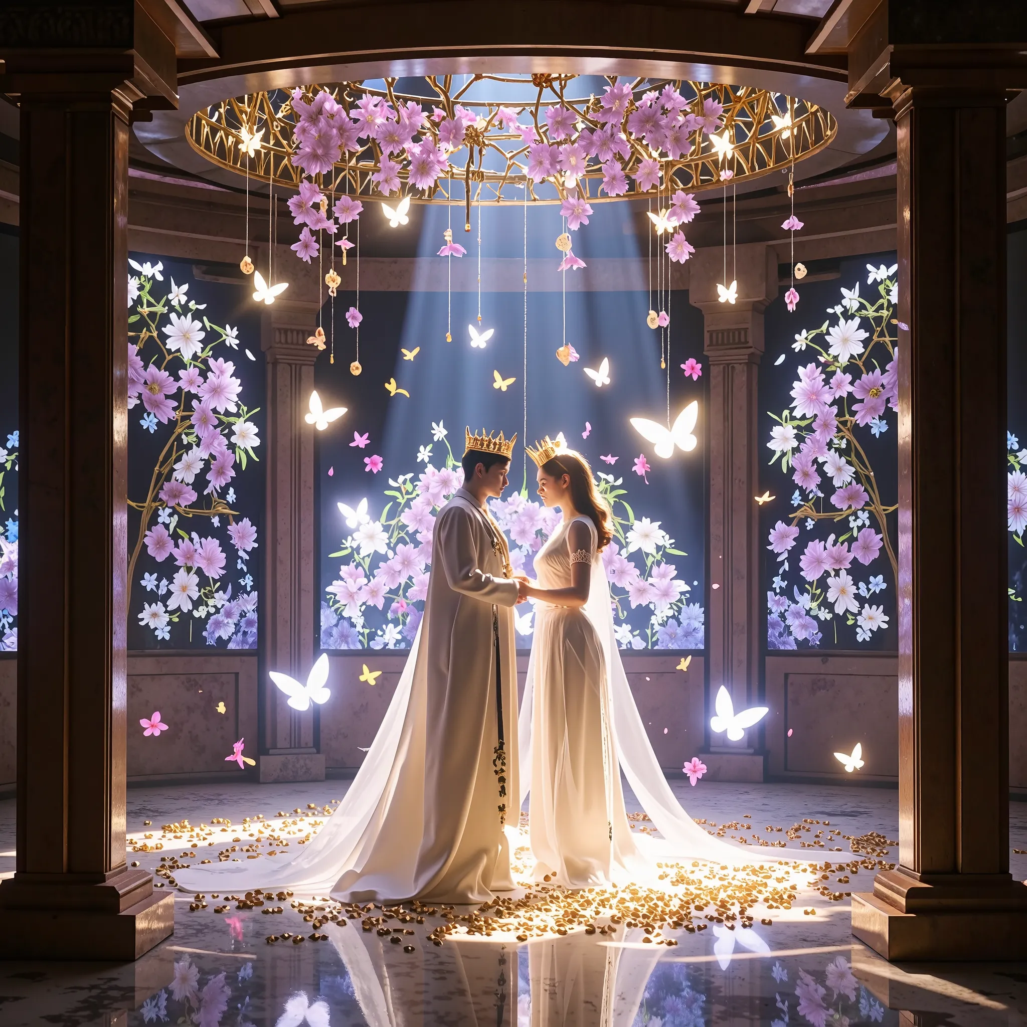 A hyper-realistic, cinematic masterpiece of divine enchantment, unfolding in a breathtaking, celestial realm where beauty and magic merge in perfect harmony. At the heart of the sacred ceremony, the radiant Elven King and Queen stand illuminated by an ethe...
