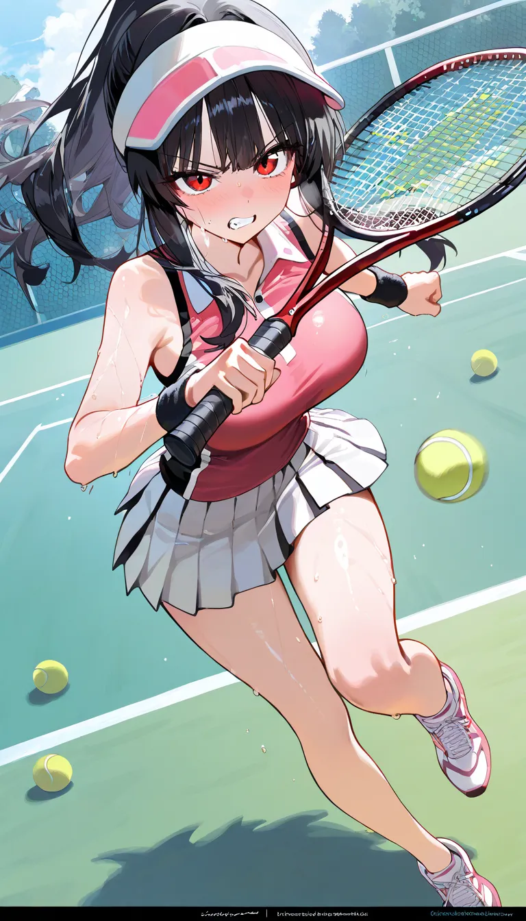 (beautiful girl : 1.3),1 girl,(tennis wear,pleated skirt,wristband,sneakers,sun visor in address),black hair,wave hair,anger, abusive,sweat,Tennis Rackets,the moment the ball hits the racket with her forehand,tennis ball,tennis court,active,Dynamic Angle,masterpiece,Highest Quality,rich contrasts,high image quality,8k,High Definition CG Unit Wallpaper,texture,unbelievably absurd, RAW photos ,Deep Boundaries 1 .2,very detailed from below si