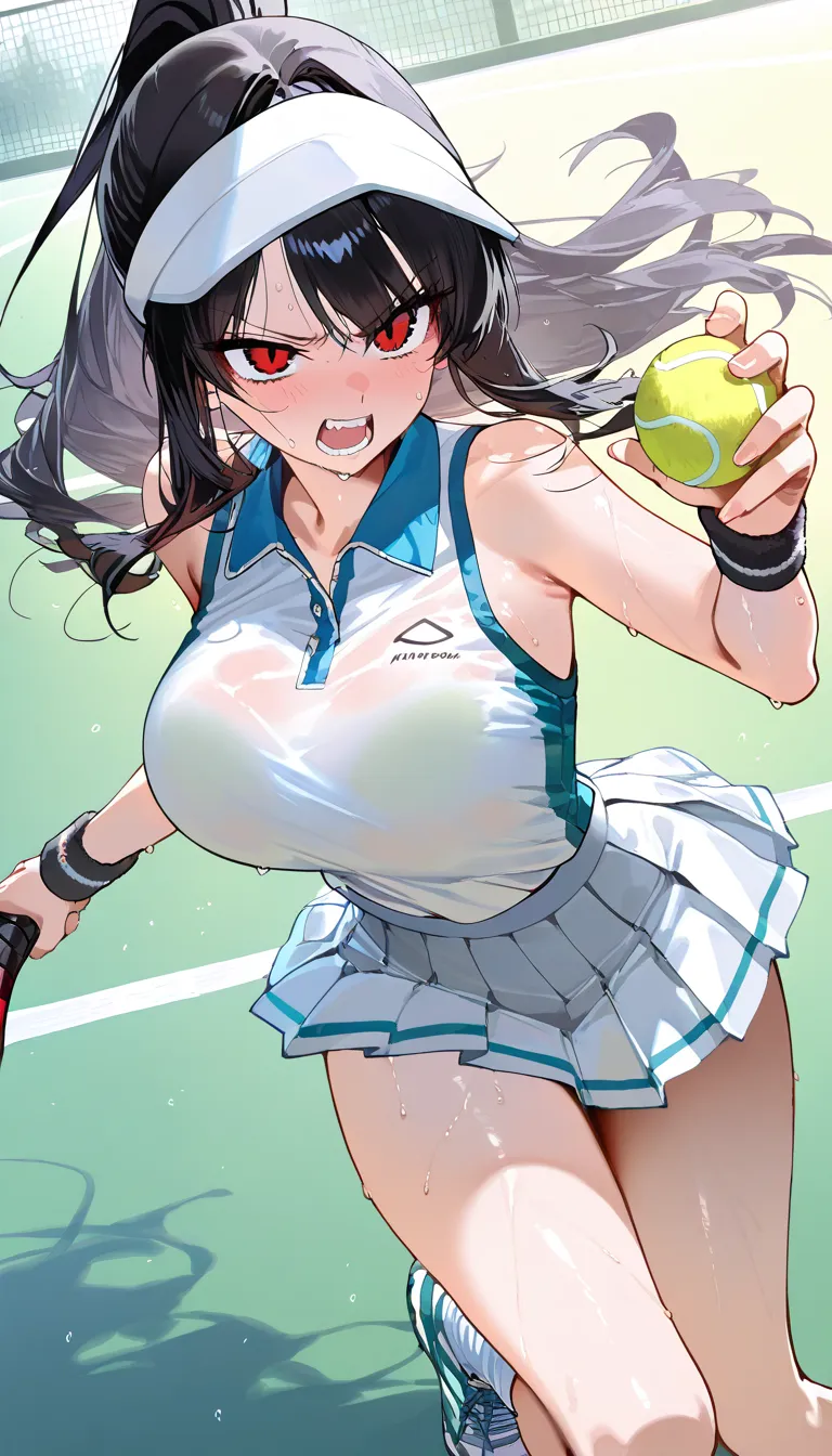 (beautiful girl : 1.3),1 girl,(tennis wear,pleated skirt,wristband,sneakers,sun visor in address),black hair,wave hair,anger, abusive,sweat,Tennis Rackets,the moment the ball hits the racket with her forehand,tennis ball,tennis court,active,Dynamic Angle,masterpiece,Highest Quality,rich contrasts,high image quality,8k,High Definition CG Unit Wallpaper,texture,unbelievably absurd, RAW photos ,Deep Boundaries 1 .2,very detailed from below si