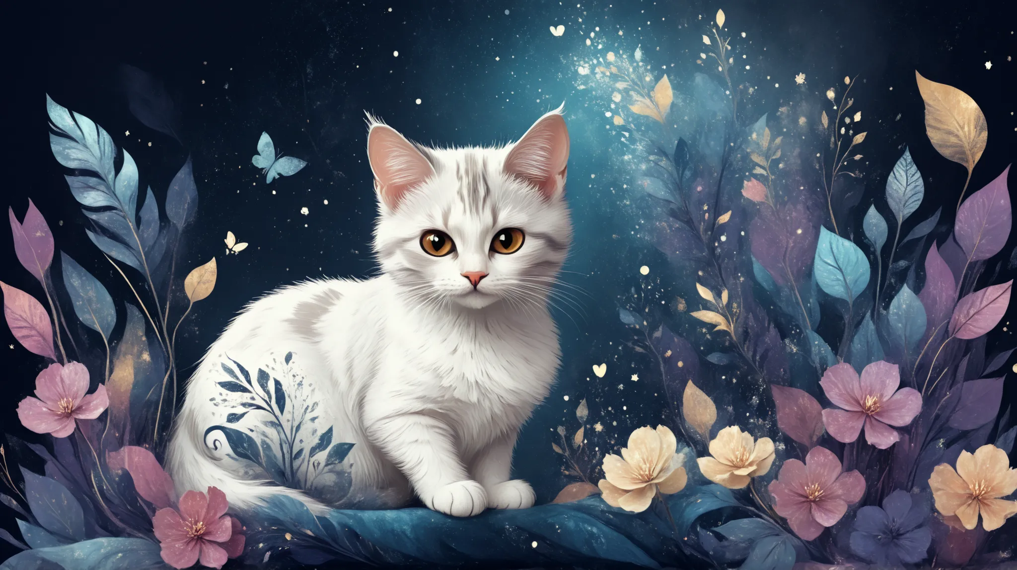 Cute magic fantasy animal (gato) illustration in Novuschroma style with patterns