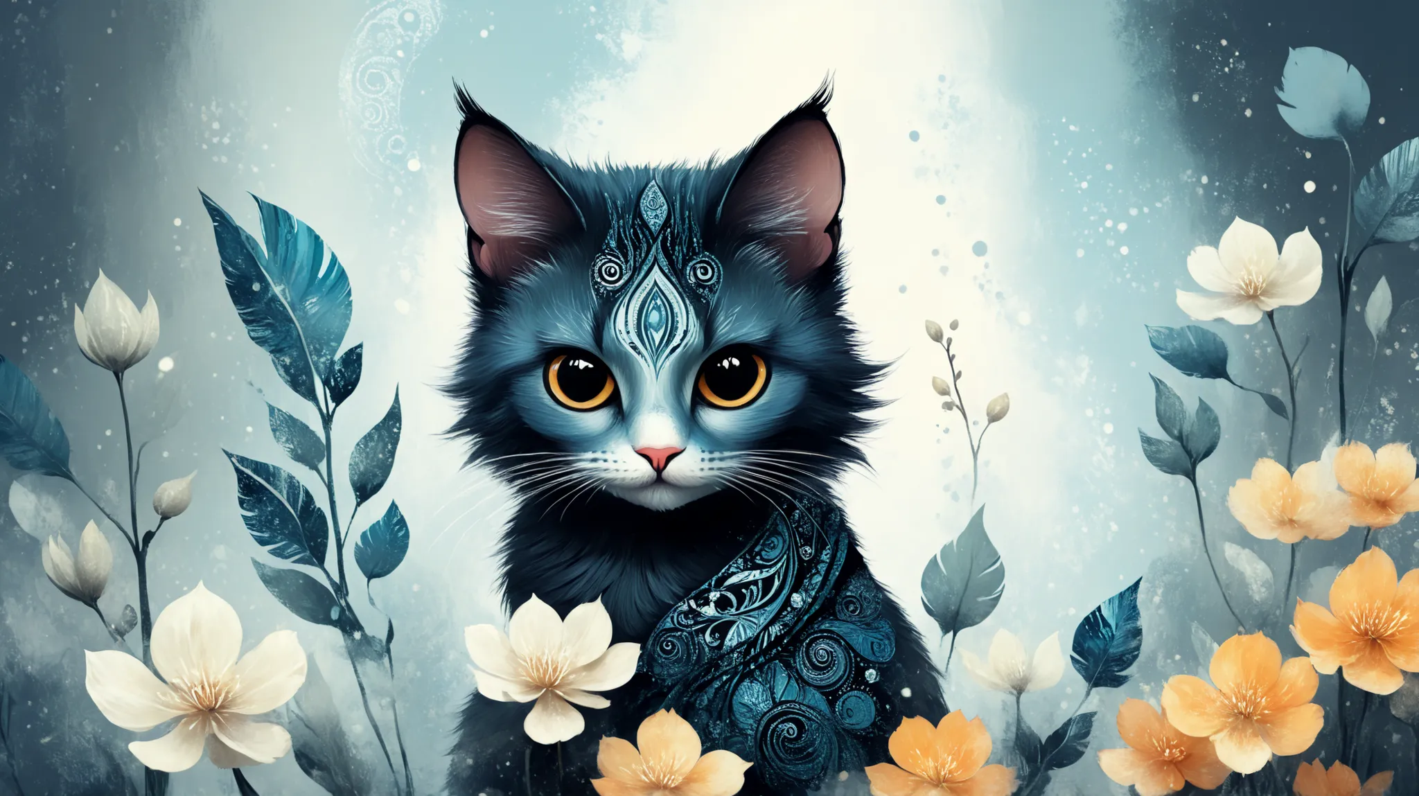 Cute magic fantasy animal (gato) illustration in Novuschroma style with patterns