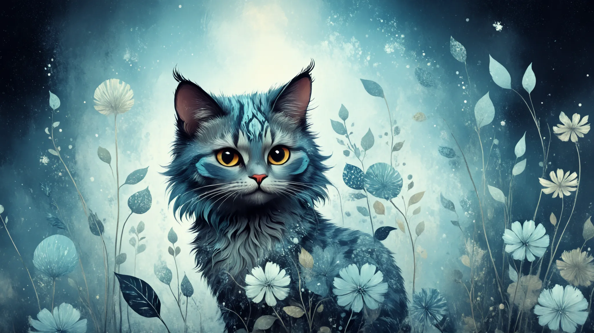 Cute magic fantasy animal (gato) illustration in Novuschroma style with patterns