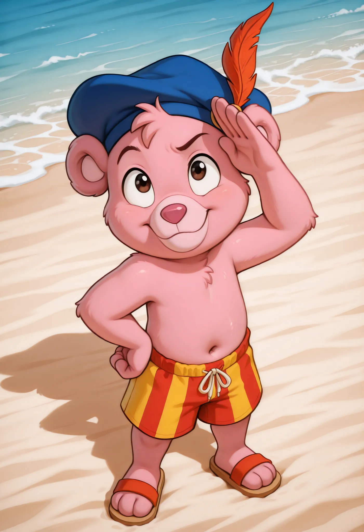 score_9, score_8_up, score_7_up, (masterpiece, best quality, very aesthetic, absurdres, source furry, artist:sakura, shaded, cubbigummixl, amazing quality, absurd res, newest, masterpiece, anthro, solo, pink bear, blue hat with feather, striped swim trunks...