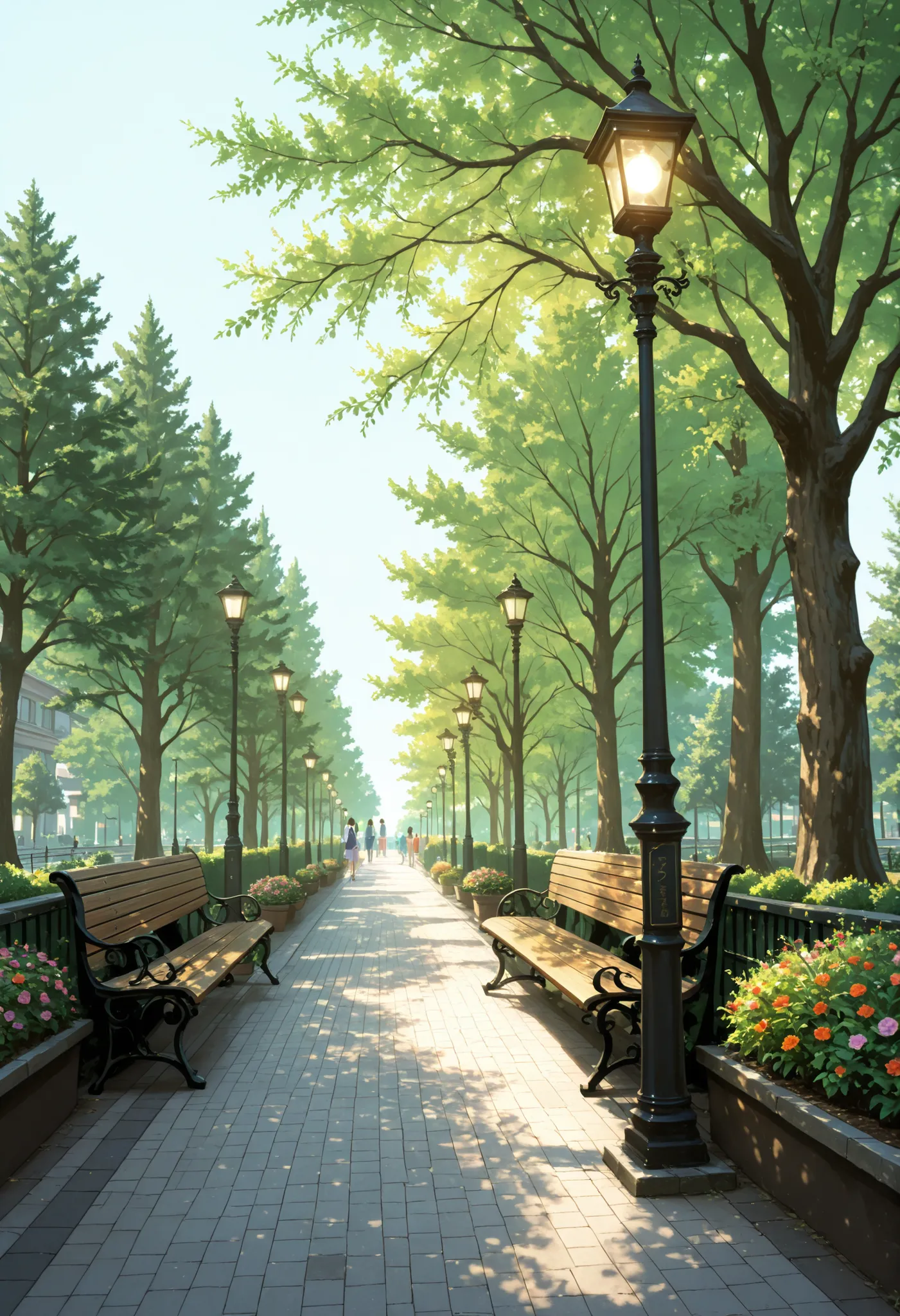 garden、scenery、people after the tag、 bench、Street lamp、tree、noon