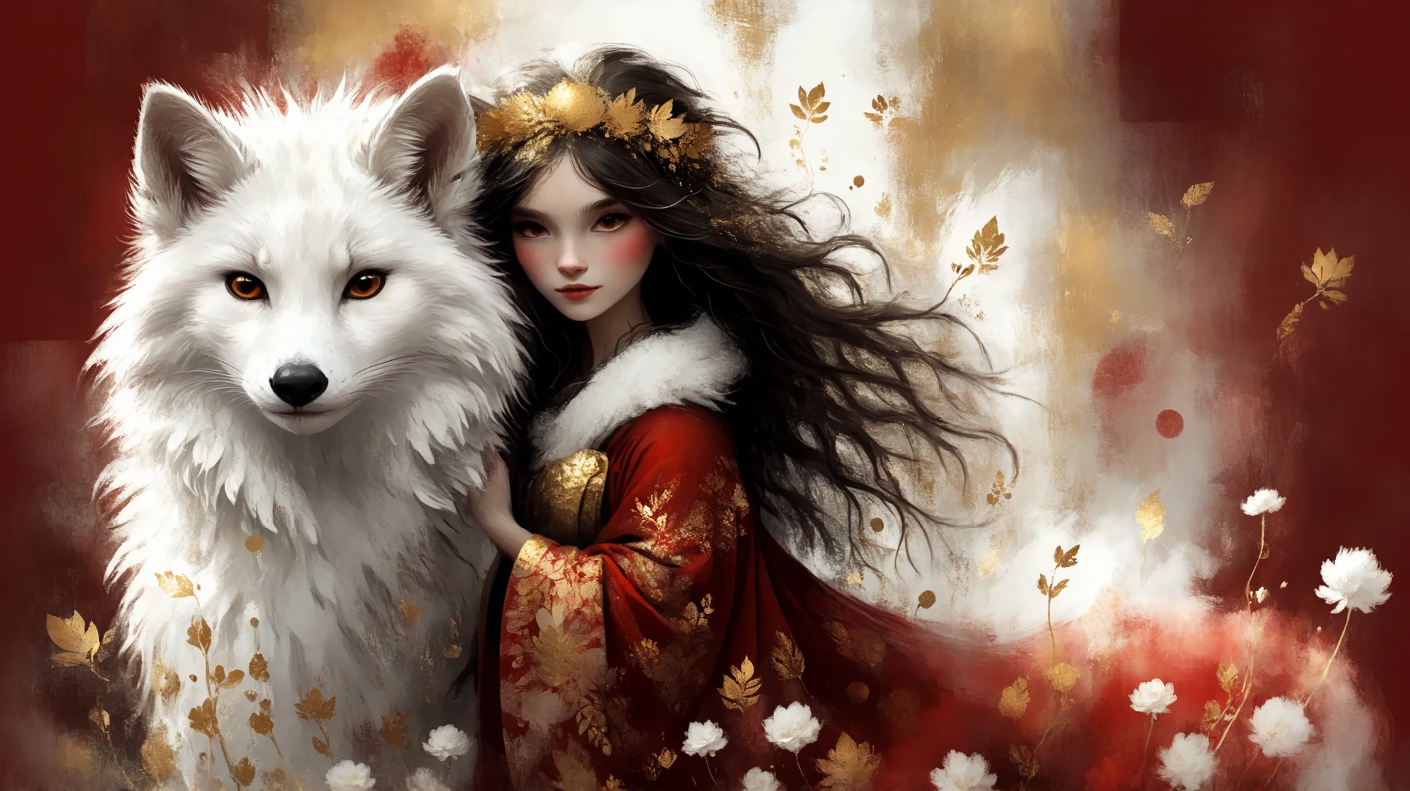 novuschroma style Fluffy magic full body girl fantasy illustration in Novuschroma style with color palette white patterns, red and gold