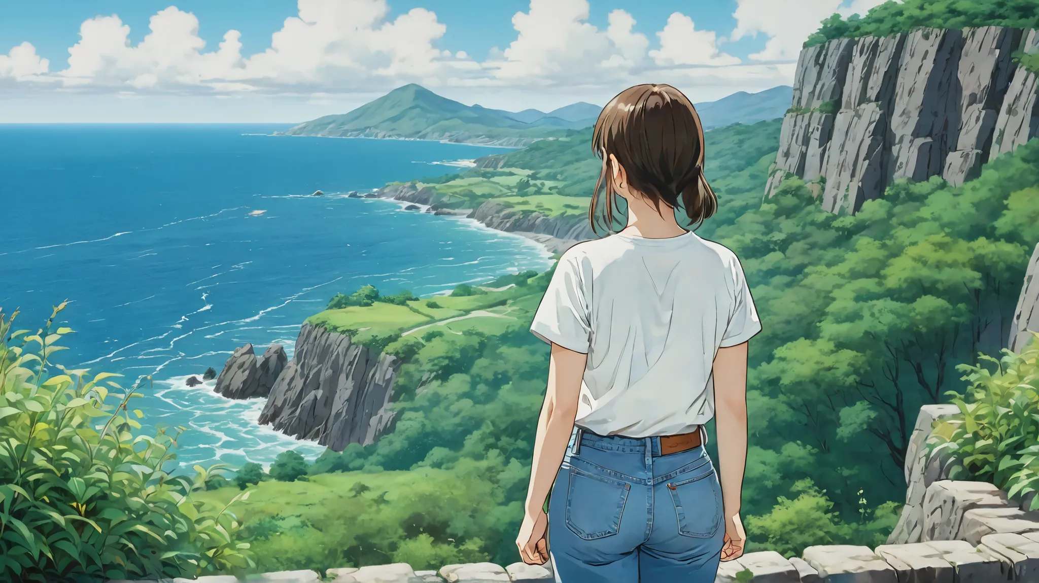 Back view of a woman in her 20s from a riverside cliff, jeans, white t-shirt, 4K detailed picture , amazing artistic style , landscape art , landscape art 세부 사항, rich and beautiful colors , beautiful retro art, beautiful detailed pixel art, detailed d...