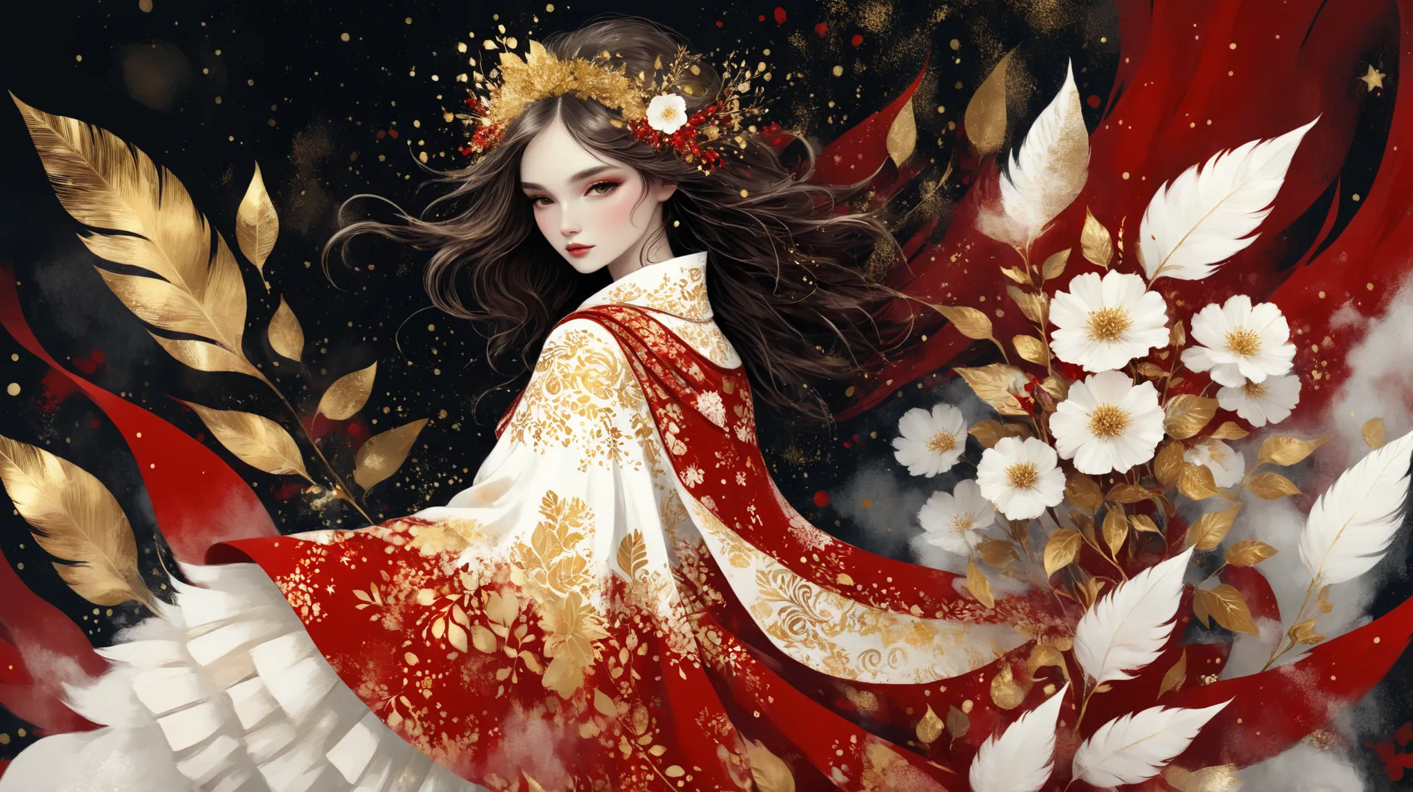 novuschroma style Fluffy magic full body girl fantasy illustration in Novuschroma style with color palette white patterns, red and gold