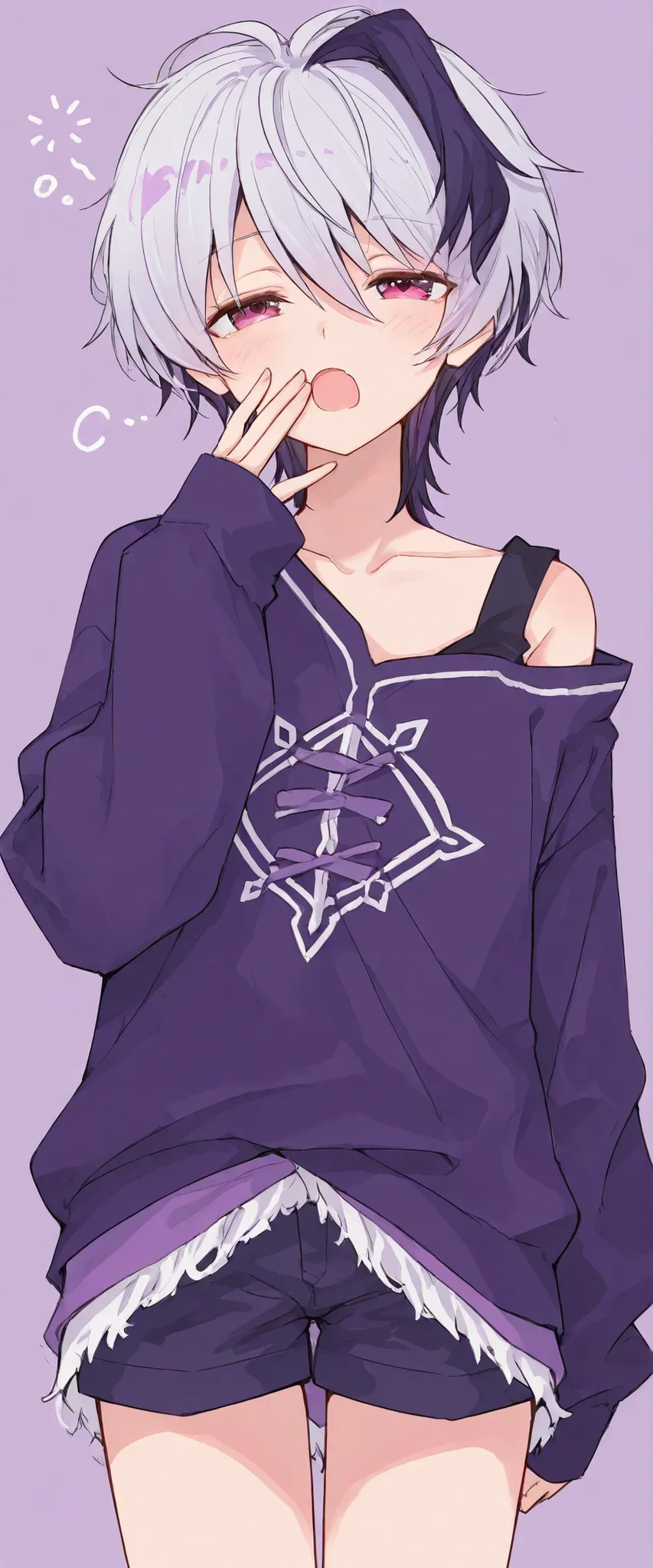 solo, one girl, Vflower, streaked hair, partly purple hair, silver hair, (blush:0.7), shorts, slender, handsome, cool, looks sleepy, yawn, standing, cowboy shot, ideal girlfriend, casual clothes, cute, morning