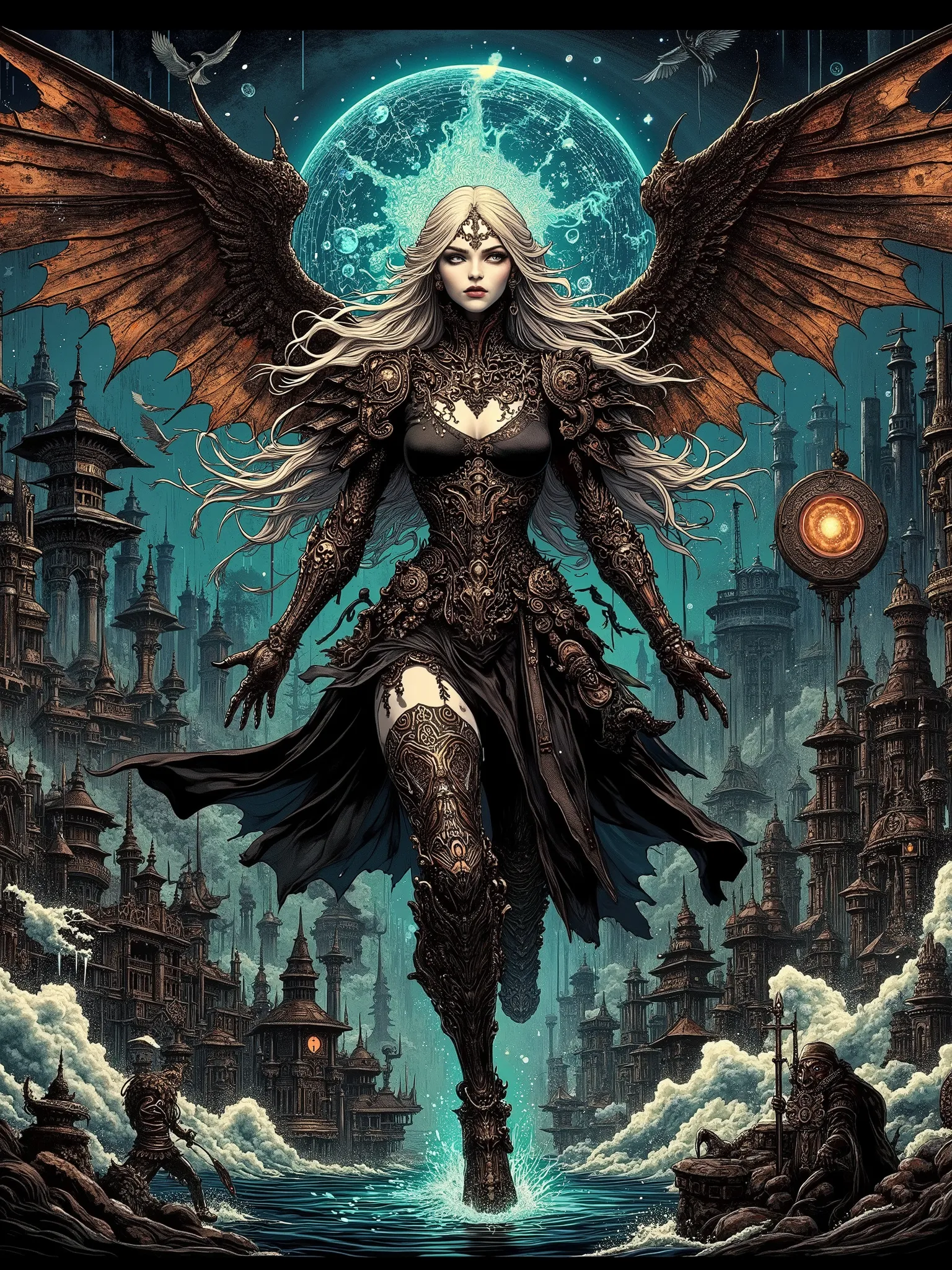 I want to create a Full epic shot of Seraphiel with somber deep colors, an angel who fell because she listened to the Divine spirit inside of her, ElementalChaos,  in flight with wings unfurled above a swirling maelstrom of divine energy at night. When she...