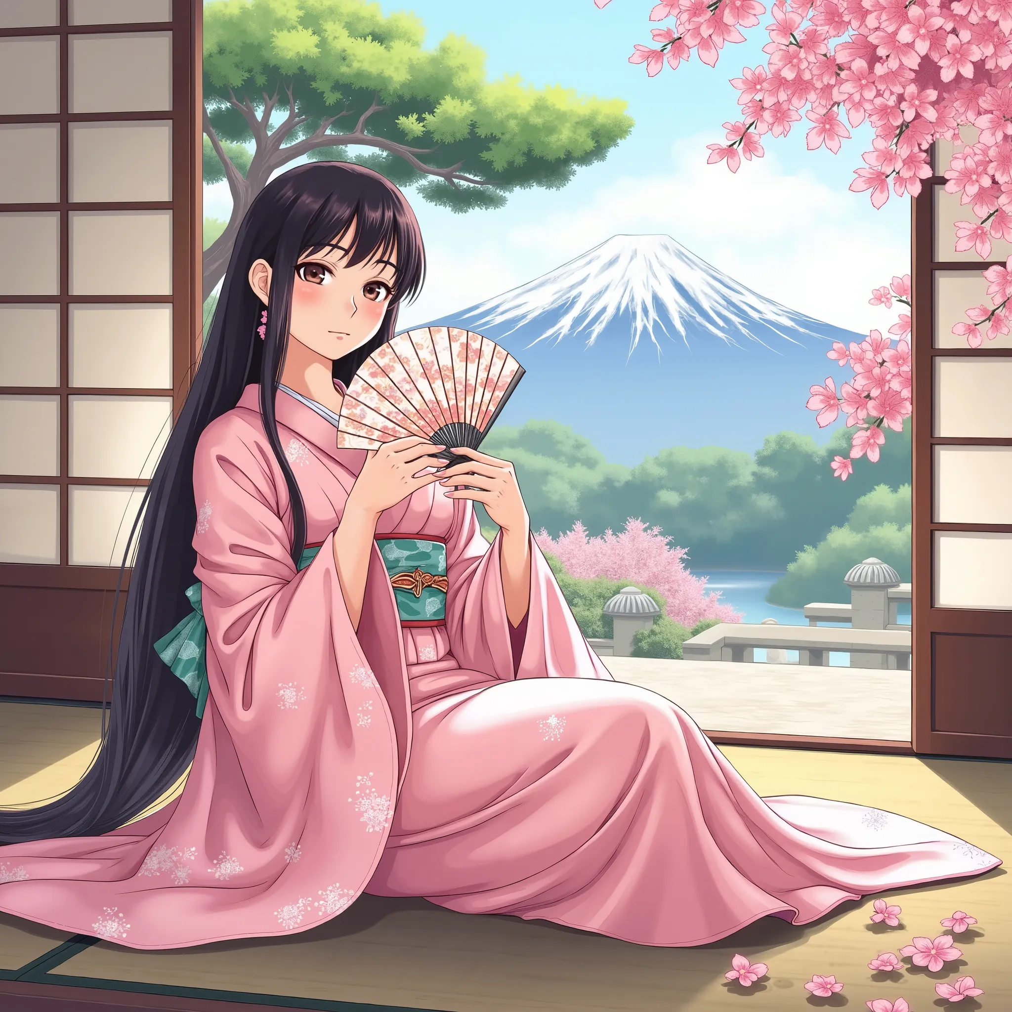 illustrations、anime、A beautiful fifteen-year-old woman is sitting、pink kimono、Japanese Women、Japanese-style room、pine tree、Mt. Fuji、 beautiful flowers 、floral fan、breasts are big、